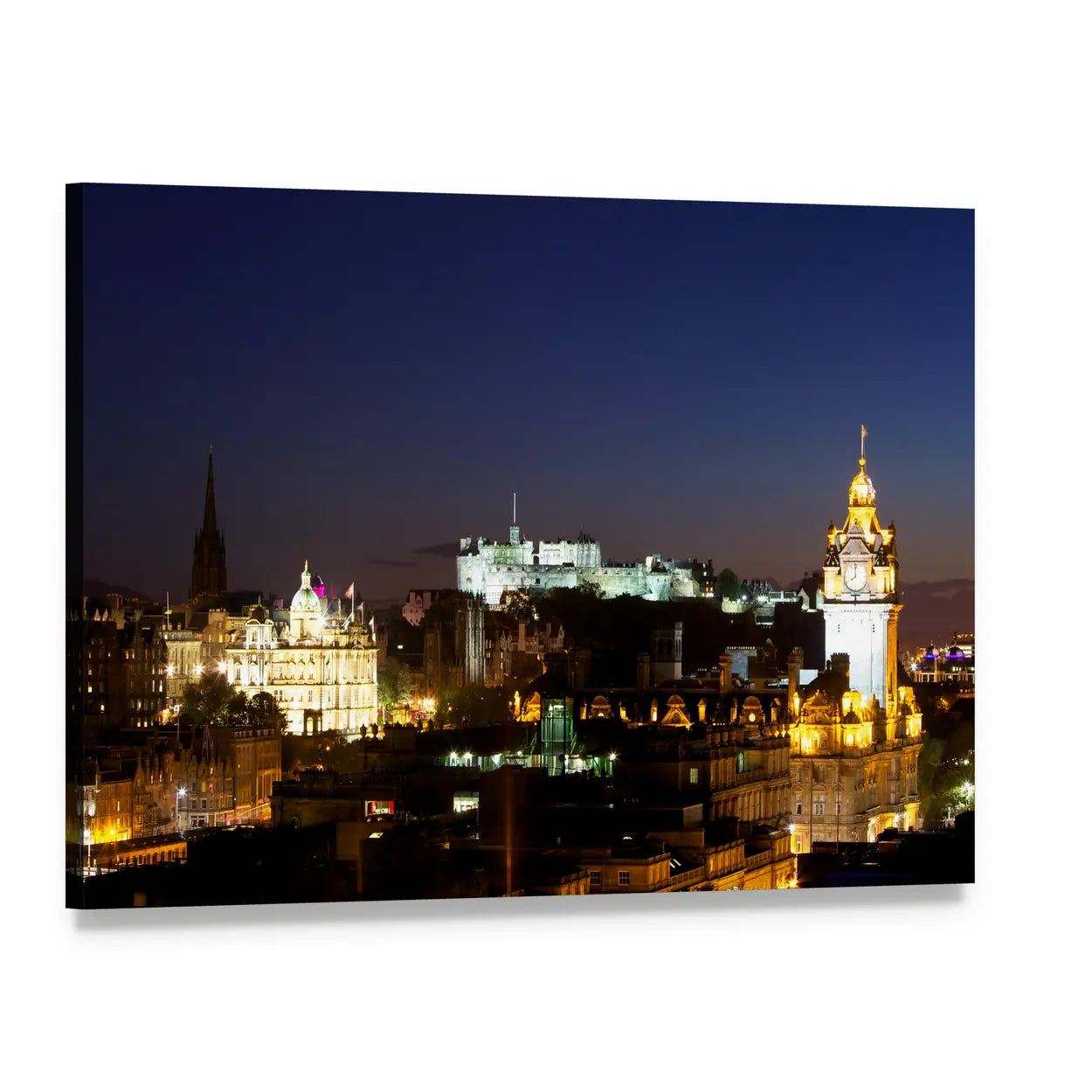 Edinburgh Castle from Calton Hill at Night Canvas Wall Art, single panel gallery wrapped canvas, angled product view