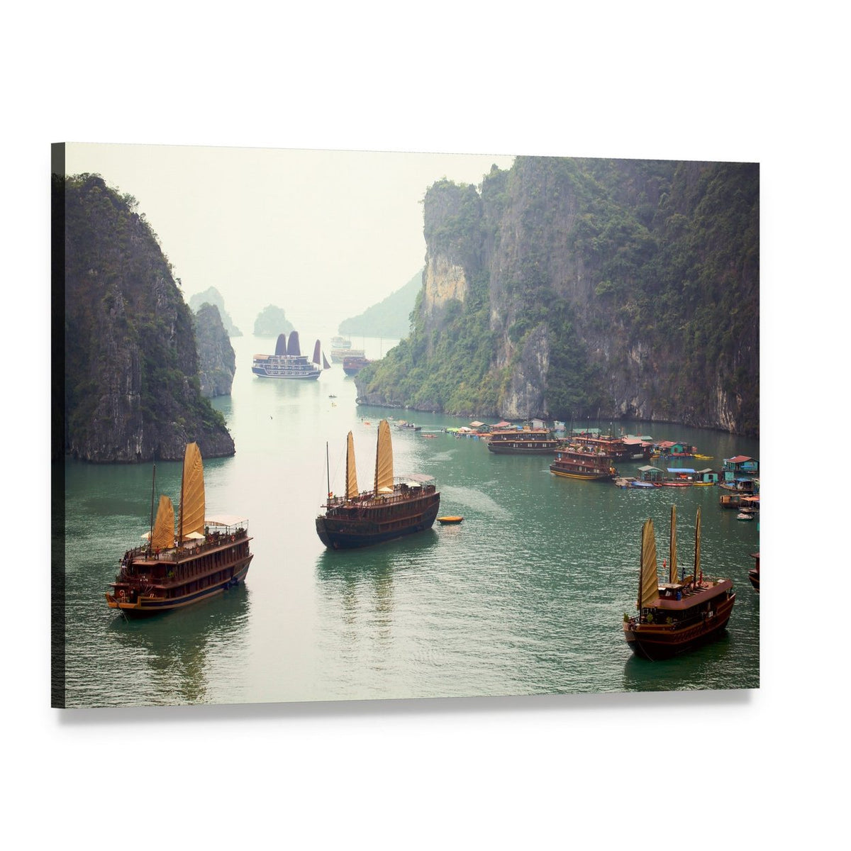 Ha Long Bay Limestone Karsts and Boats Canvas Wall Art, single panel gallery wrapped canvas, angled product view
