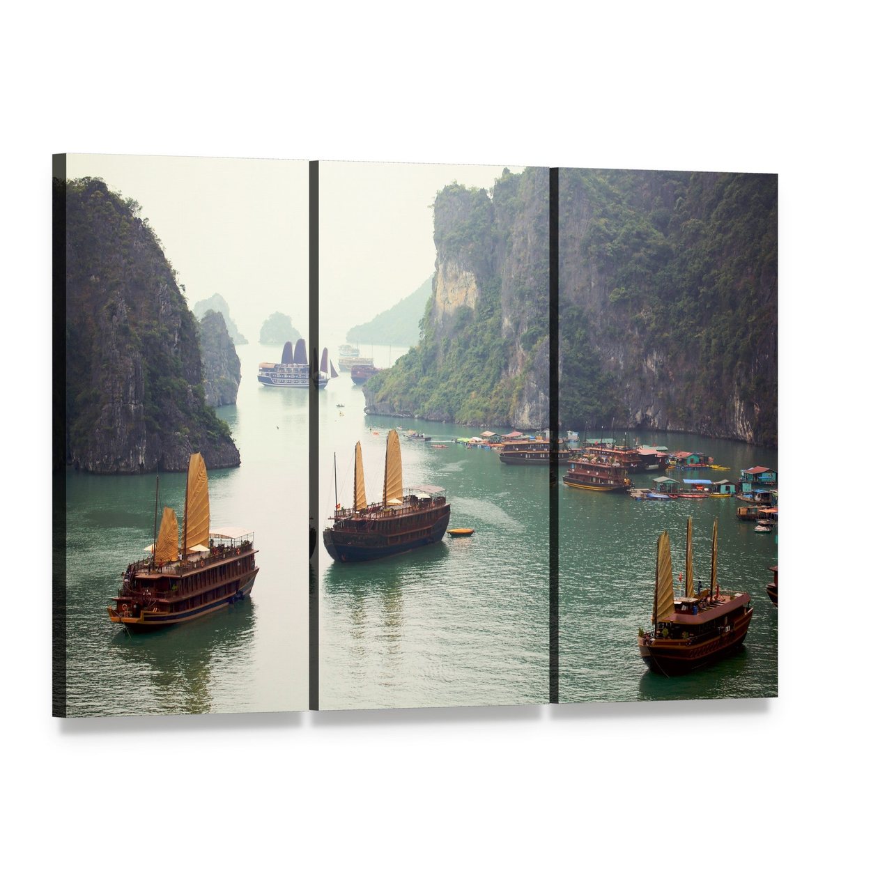 Ha Long Bay Limestone Karsts and Boats Canvas Wall Art, 3 panel 3 Horizontal layout gallery wrapped canvas set, angled product view