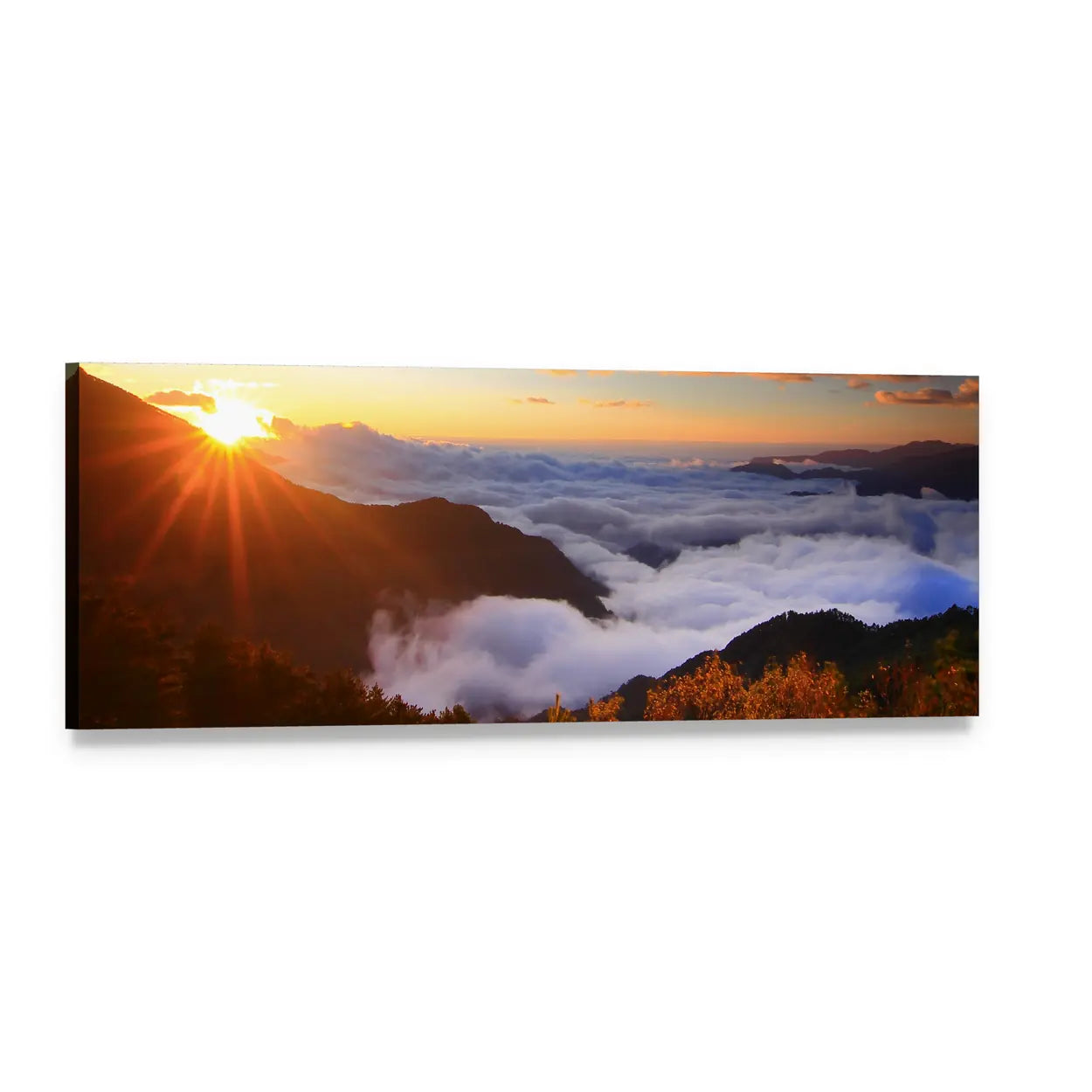 Sunrise Over Mountains and Sea of Clouds Panoramic Canvas Wall Art, single panel gallery wrapped canvas, angled product view