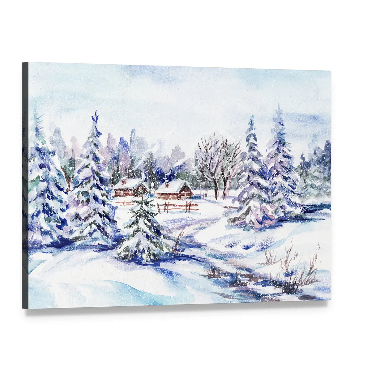 Scenic Winter Village Landscape Canvas Wall Art, single panel gallery wrapped canvas, angled product view