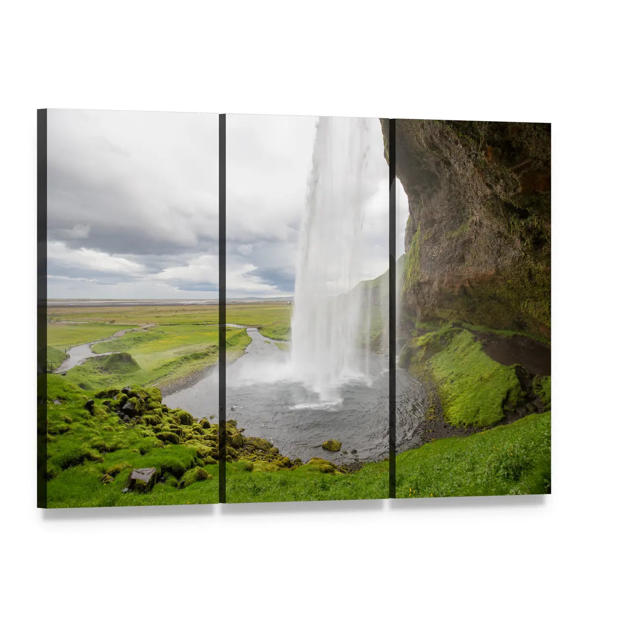 River Spring Waterfall Between Mountains Canvas Wall Art, 3 panel 3 Horizontal layout gallery wrapped canvas set, angled product view