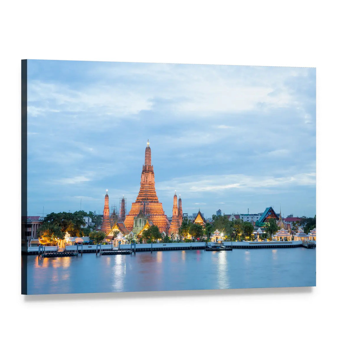 Thai Temple by River at Dusk Canvas Wall Art, single panel gallery wrapped canvas, angled product view