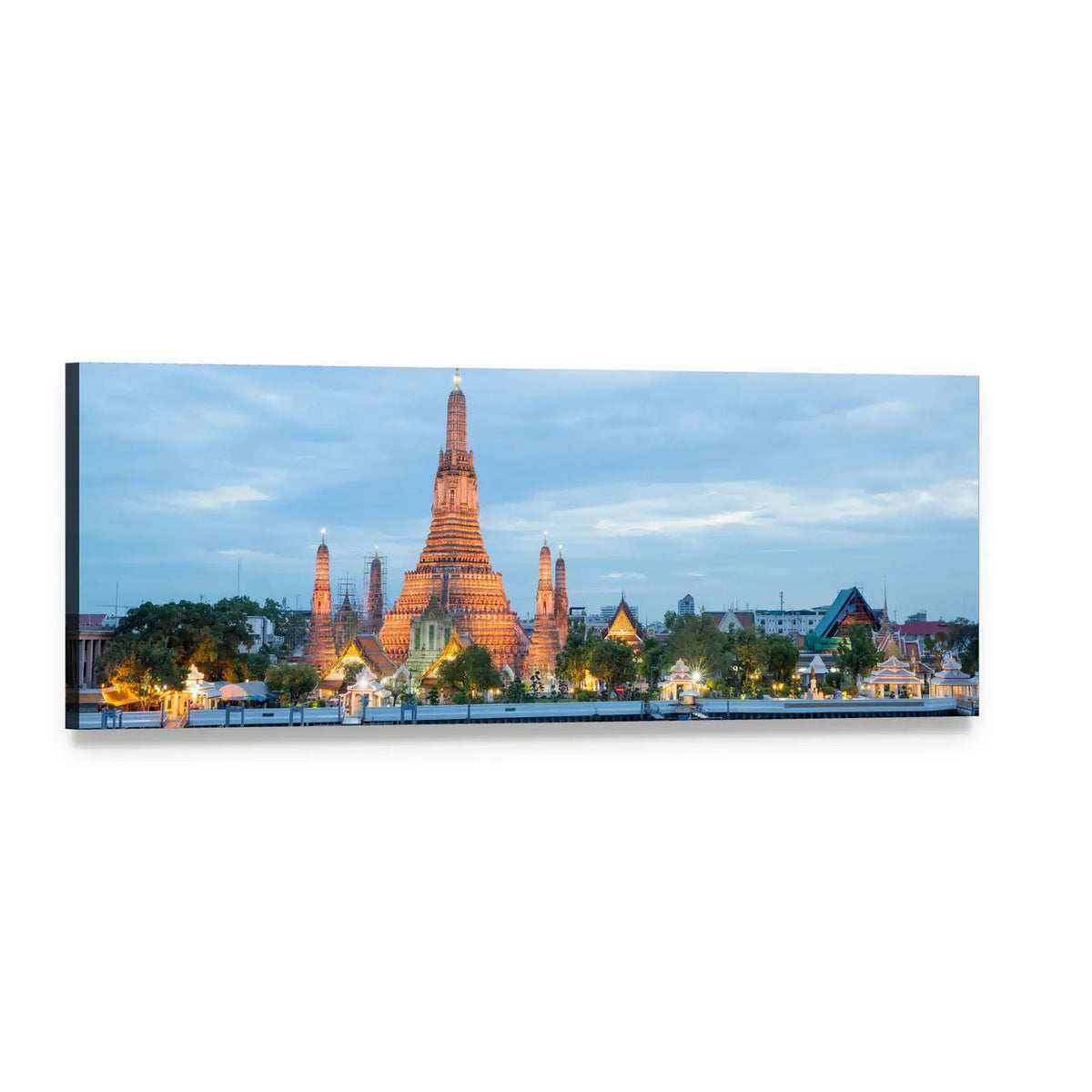 Wat Arun and Chao Phraya at Dusk Panoramic Canvas Wall Art, single panel gallery wrapped canvas, angled product view