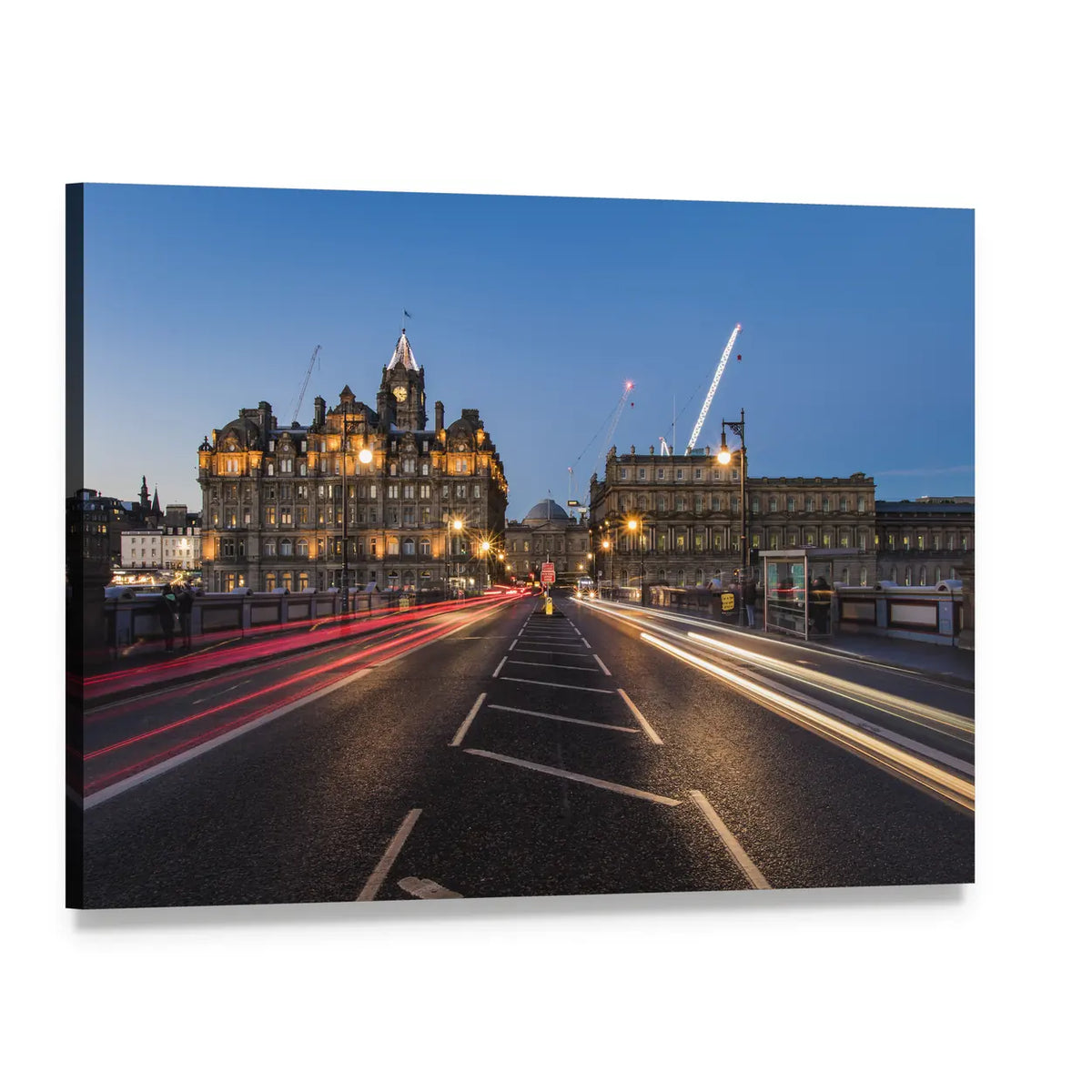 Light Trails on Bridge at Night Canvas Wall Art, single panel gallery wrapped canvas, angled product view