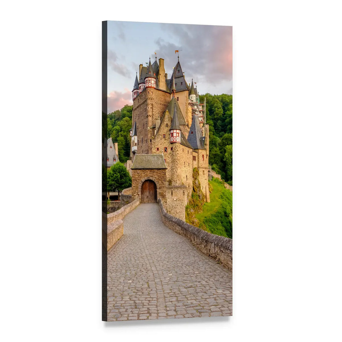 Burg Eltz Castle with Cobblestone Bridge Vertical Canvas Wall Art, 1 panel 1 Vertical layout gallery wrapped canvas set, angled product view