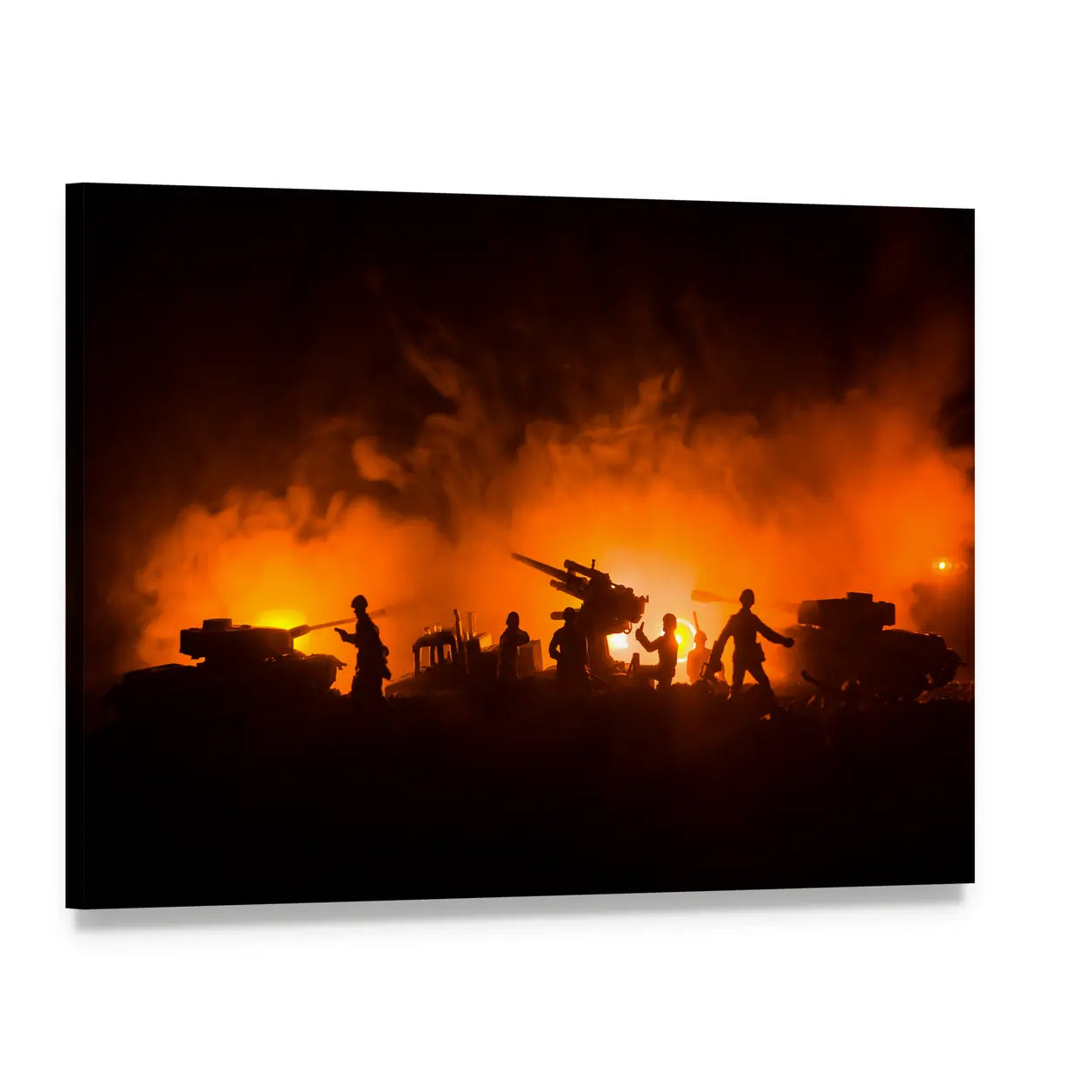 Soldier Silhouettes with Tanks and Anti-aircraft Canvas Wall Art, single panel gallery wrapped canvas, angled product view