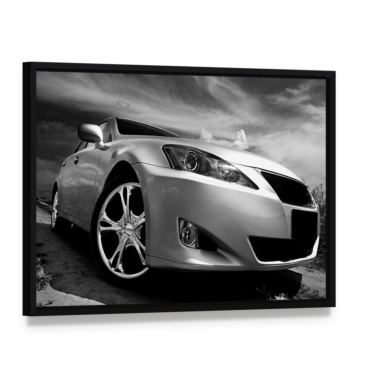 Powerful Sports Car Canvas Wall Art, framed canvas in a black floater frame, angled product view