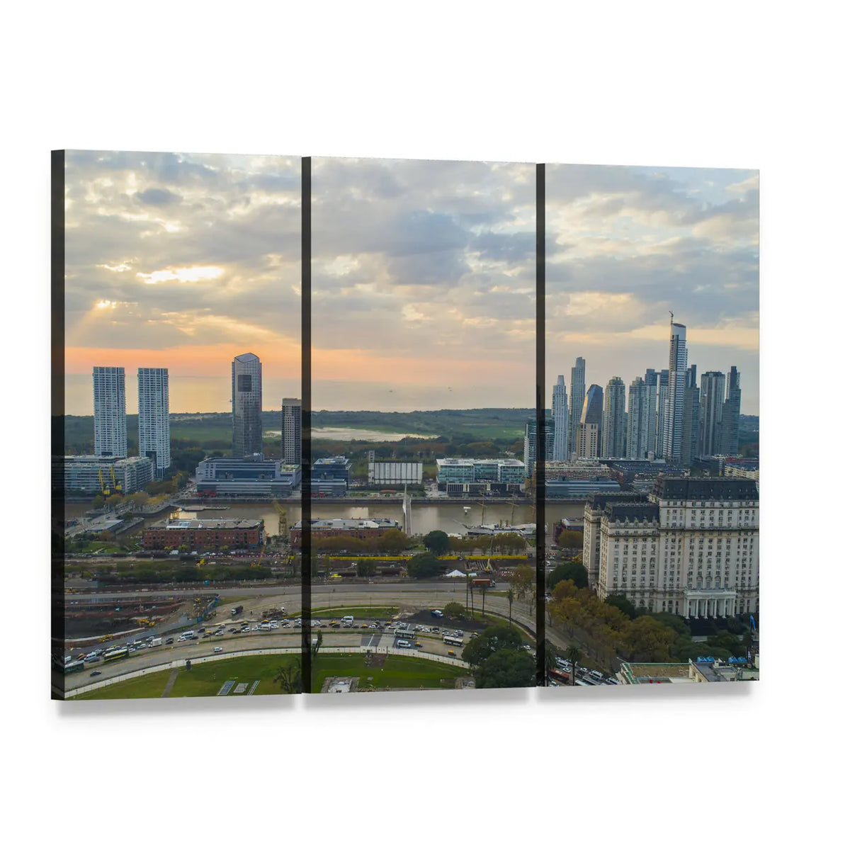 Buenos Aires Cityscape Canvas Wall Art, 3 panel 3 Horizontal layout gallery wrapped canvas set, angled product view