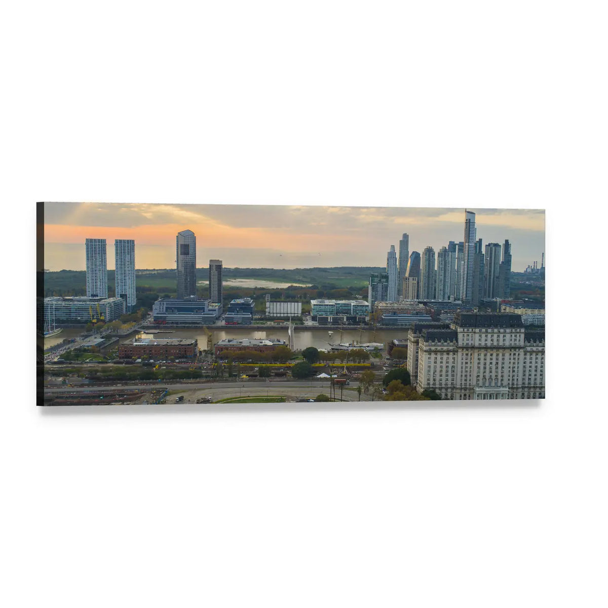 Buenos Aires Skyline at Sunset Panoramic Canvas Wall Art, single panel gallery wrapped canvas, angled product view