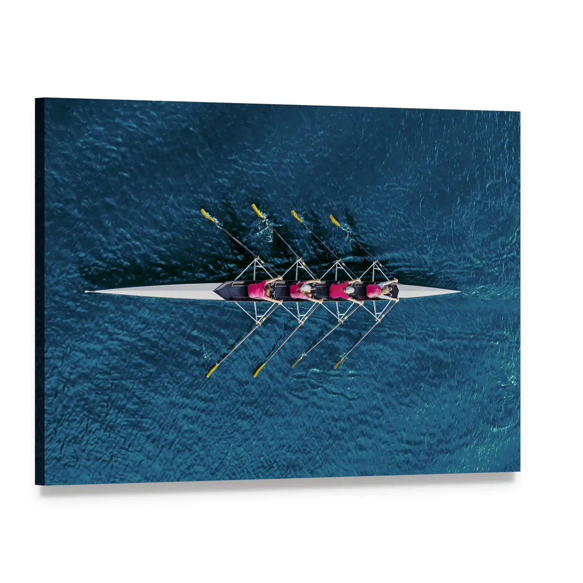 Women's Rowing Team on Blue Water Canvas Wall Art, single panel gallery wrapped canvas, angled product view
