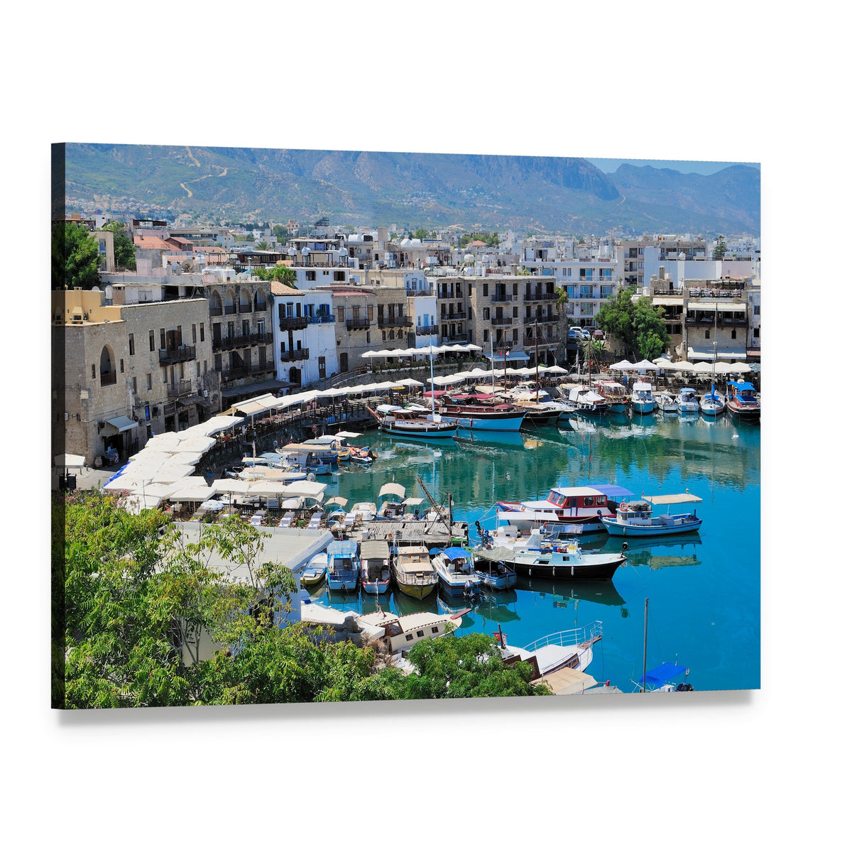 Sunny Harbor Pier with Docked Boats Canvas Wall Art, single panel gallery wrapped canvas, angled product view