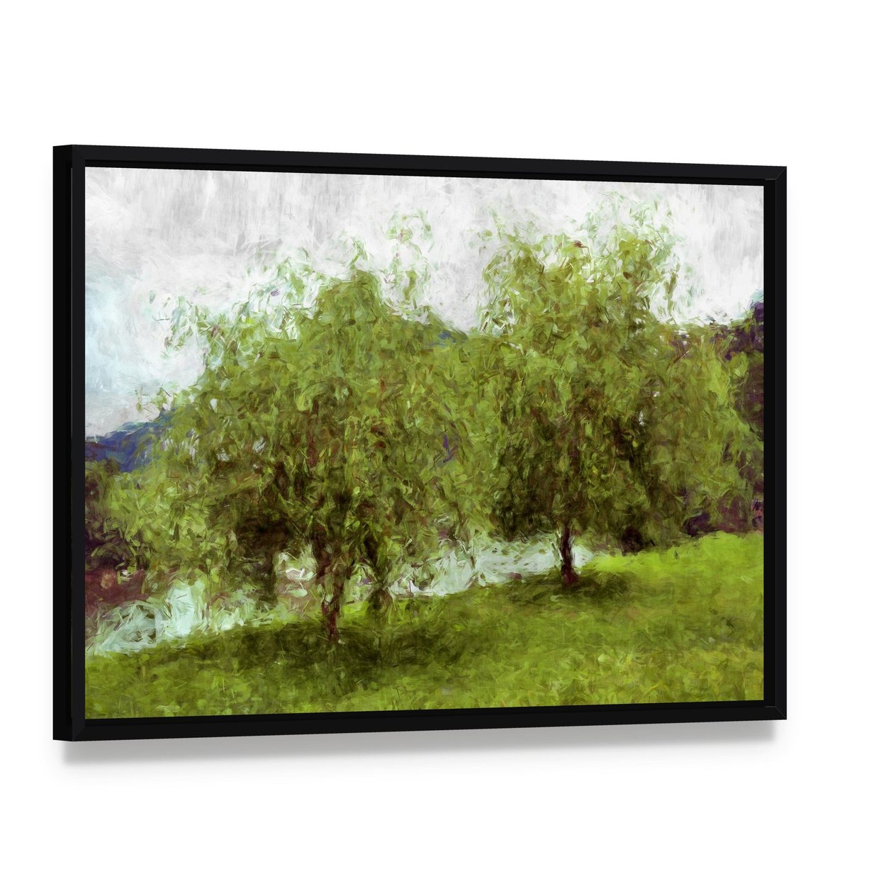 Watercolor Sketch of Two Green Trees Canvas Wall Art, framed canvas in a black floater frame, angled product view
