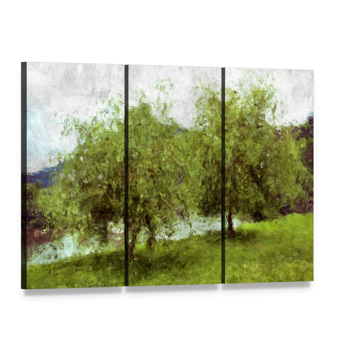 Watercolor Sketch of Two Green Trees Canvas Wall Art, 3 panel 3 Horizontal layout gallery wrapped canvas set, angled product view
