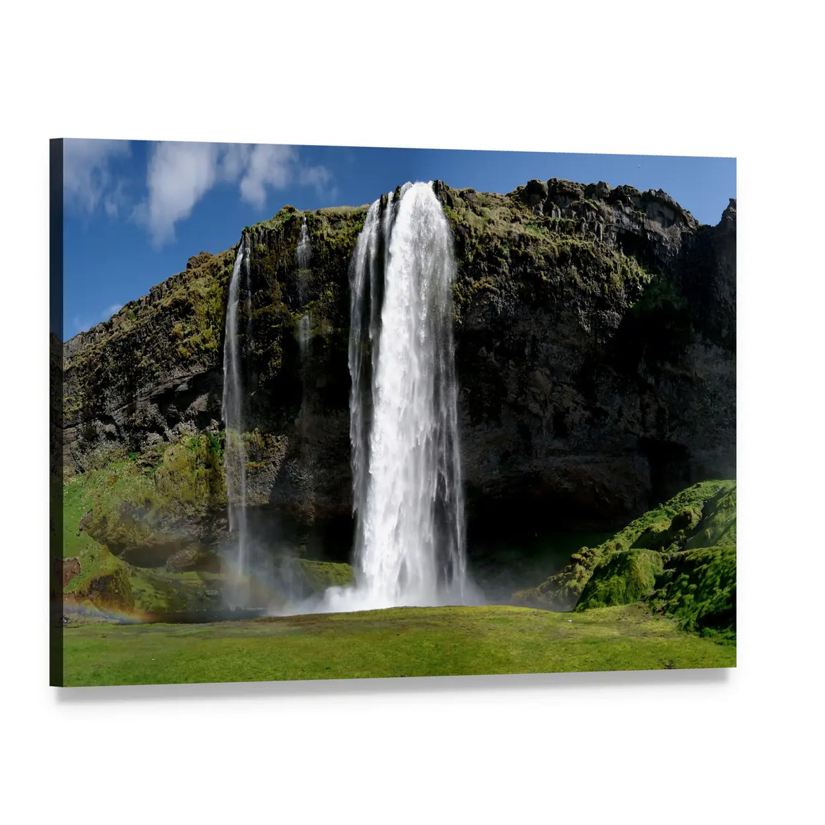 Waterfall Over Moss-covered Cliff Canvas Wall Art, single panel gallery wrapped canvas, angled product view