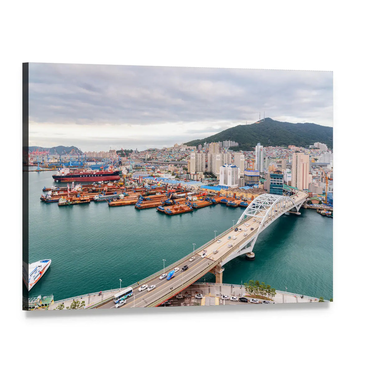 Port of Busan and Busandaegyo Bridge Canvas Wall Art, single panel gallery wrapped canvas, angled product view