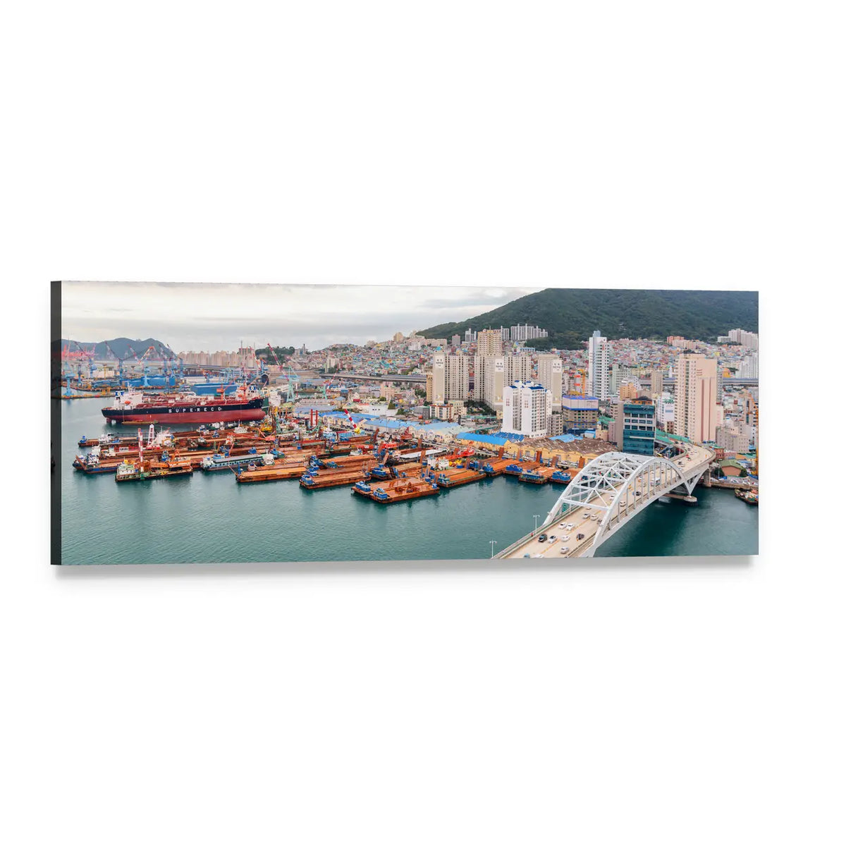 Busy Harbor with Arched Bridge and Cargo Ships Panoramic Canvas Wall Art, single panel gallery wrapped canvas, angled product view