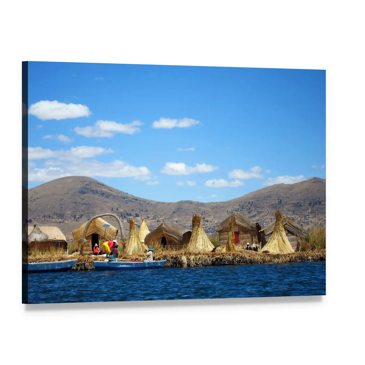 Floating Uros Islands Canvas Wall Art, single panel gallery wrapped canvas, angled product view