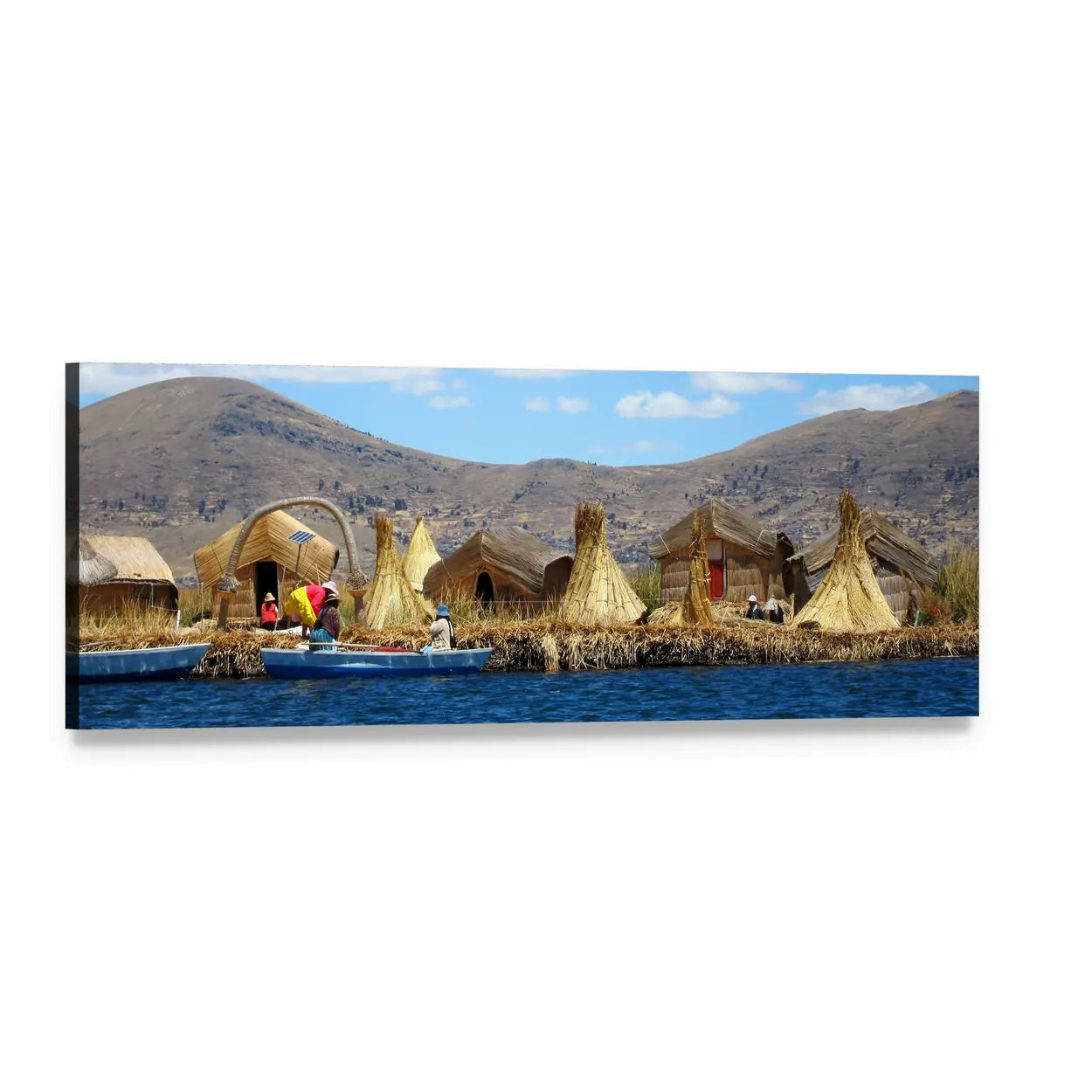 Uros Floating Islands on Lake Titicaca Panoramic Canvas Wall Art, single panel gallery wrapped canvas, angled product view