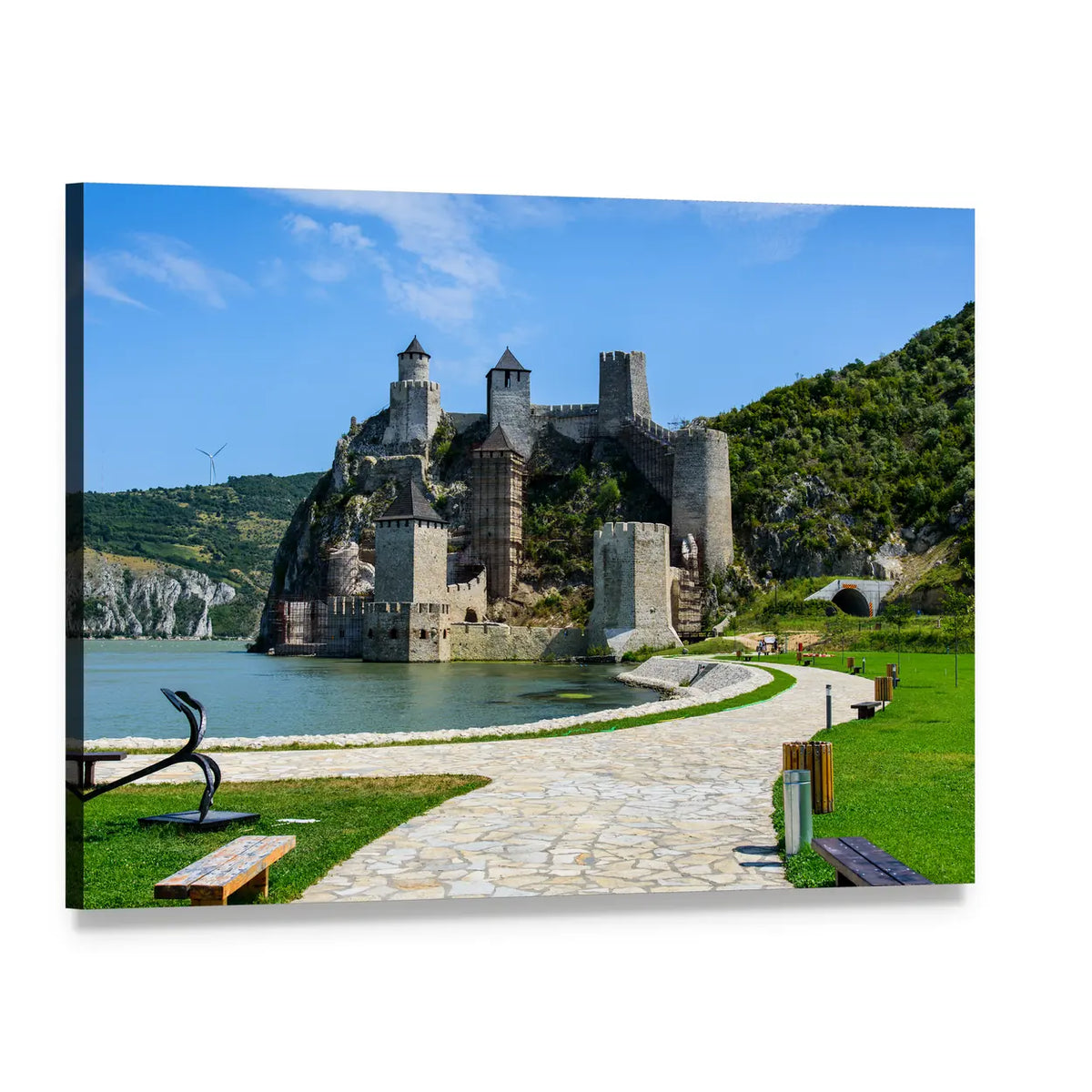 Golubac Fortress on Hillside by River Canvas Wall Art, single panel gallery wrapped canvas, angled product view