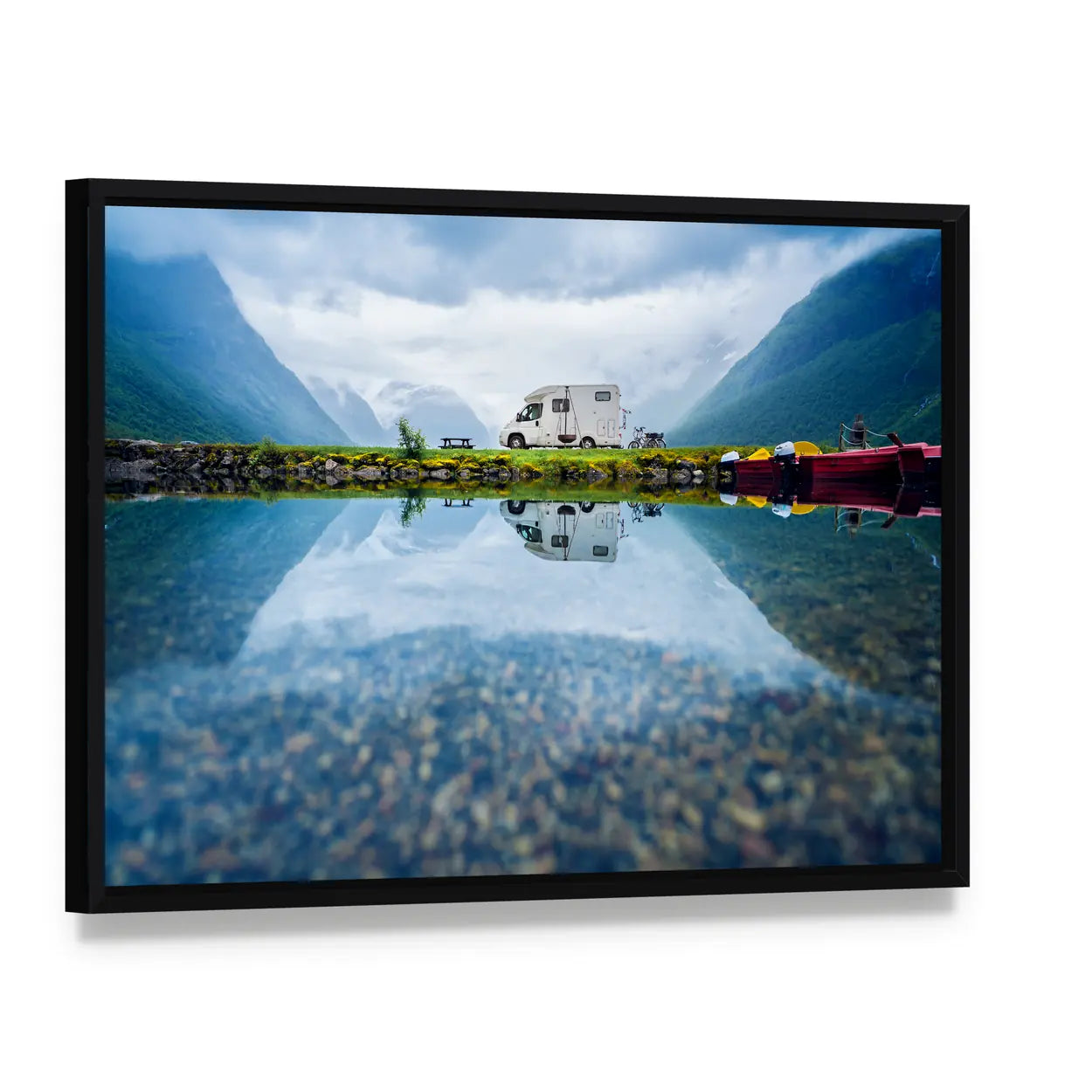 Motorhome by Mountain Lake, Norway Canvas Wall Art, framed canvas in a black floater frame, angled product view