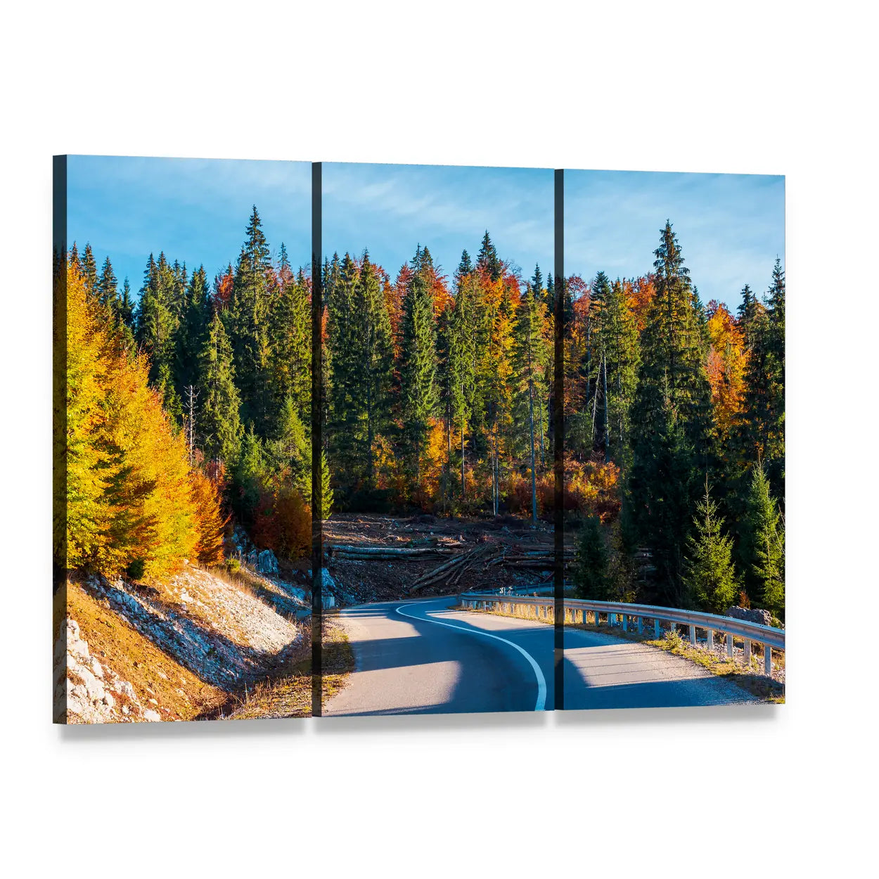 Winding Mountain Road in Autumn Forest Canvas Wall Art, 3 panel 3 Horizontal layout gallery wrapped canvas set, angled product view