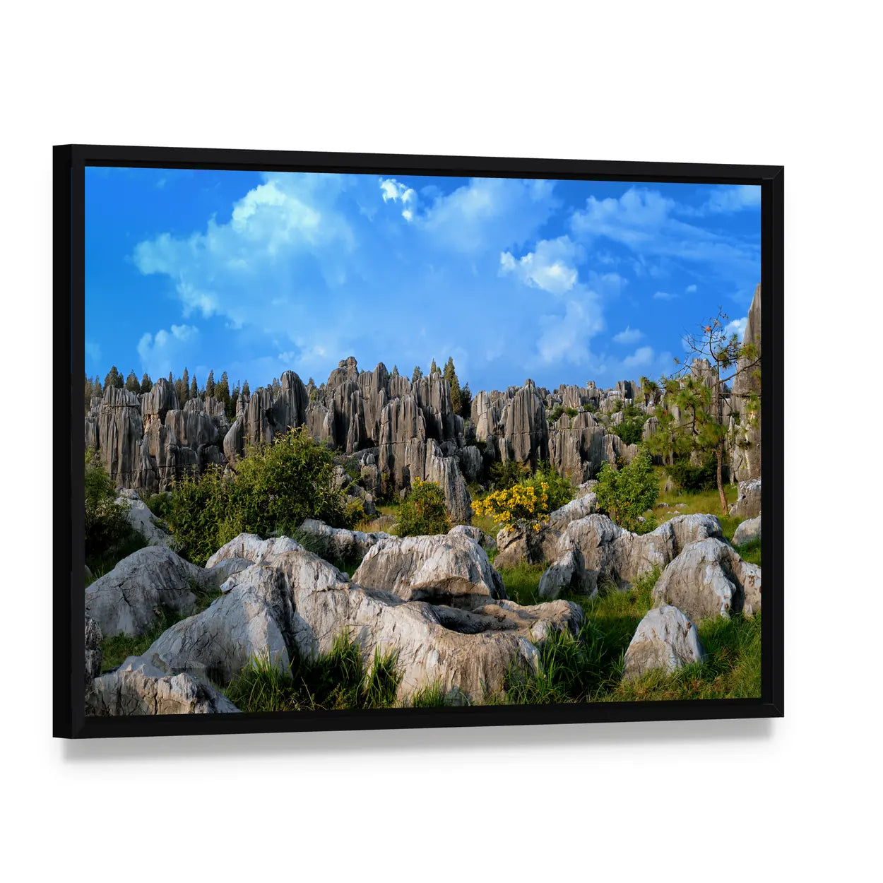 Stone Forest In Yunnan China Canvas Wall Art, framed canvas in a black floater frame, angled product view