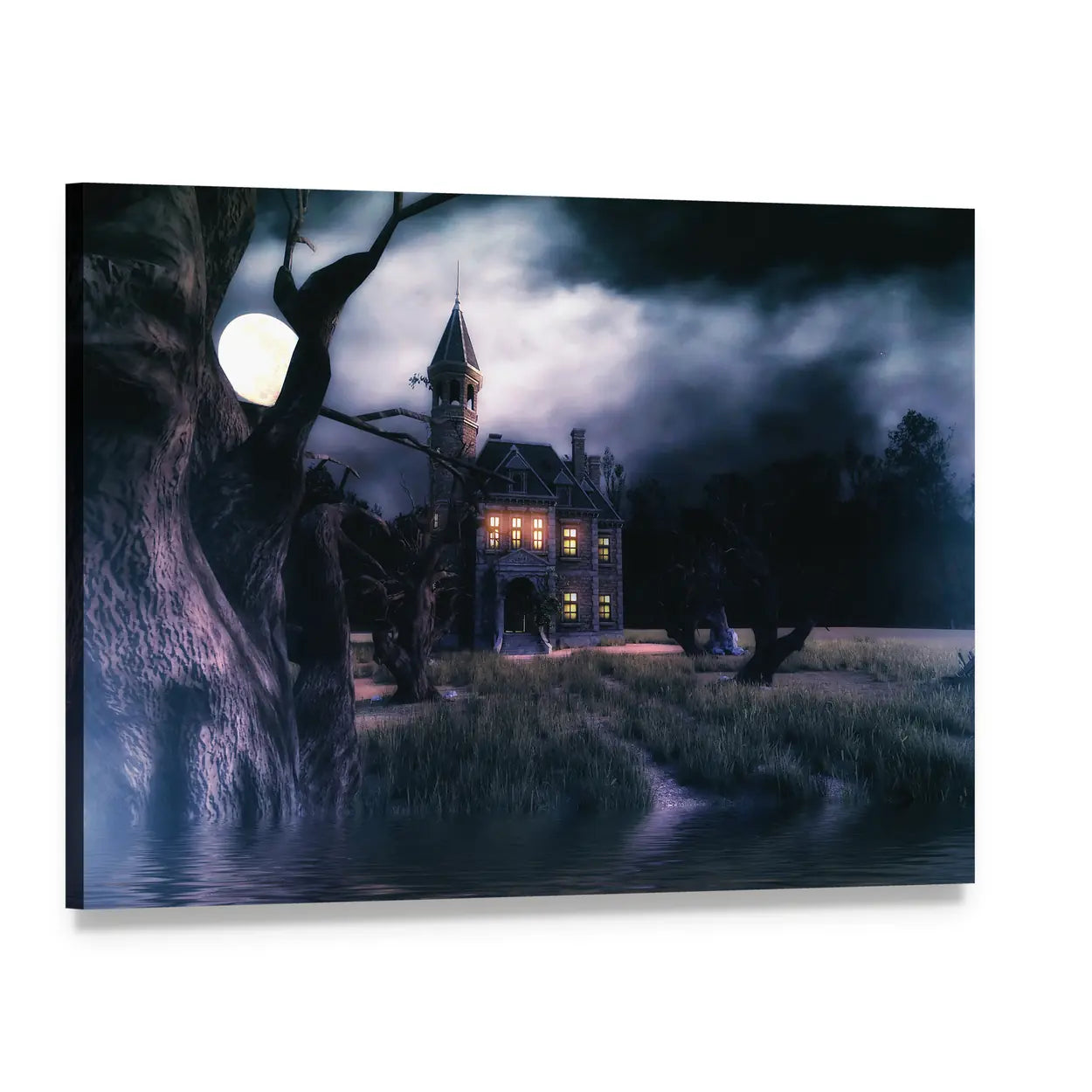 Moonlit Haunted Victorian Mansion Canvas Wall Art, single panel gallery wrapped canvas, angled product view