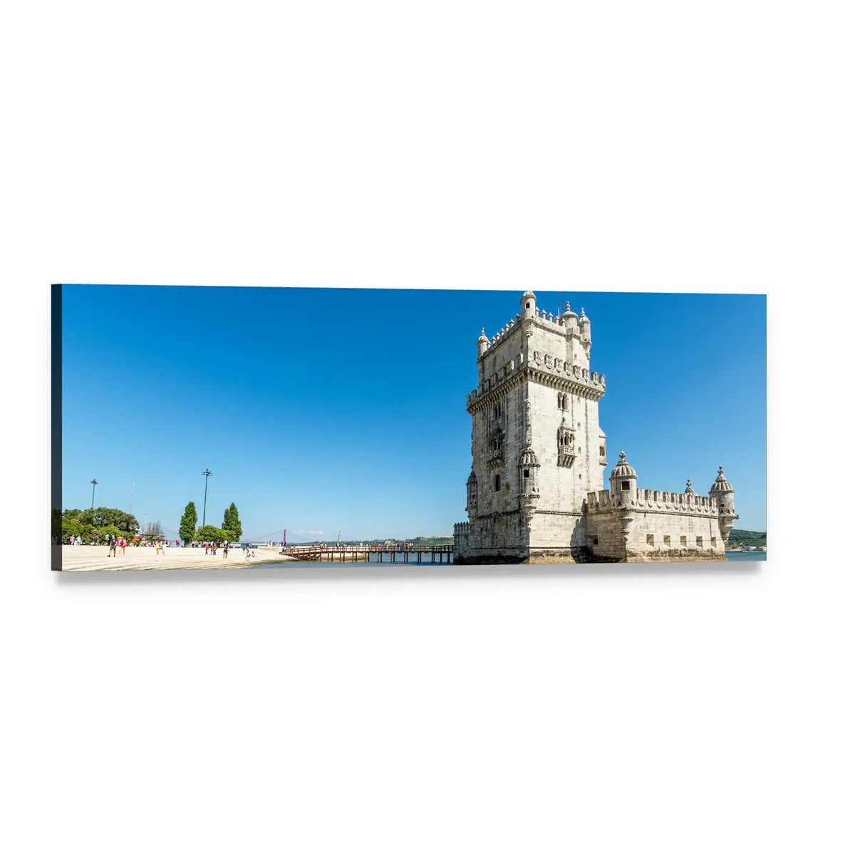 Belem Tower in Lisbon Panoramic Canvas Wall Art, single panel gallery wrapped canvas, angled product view