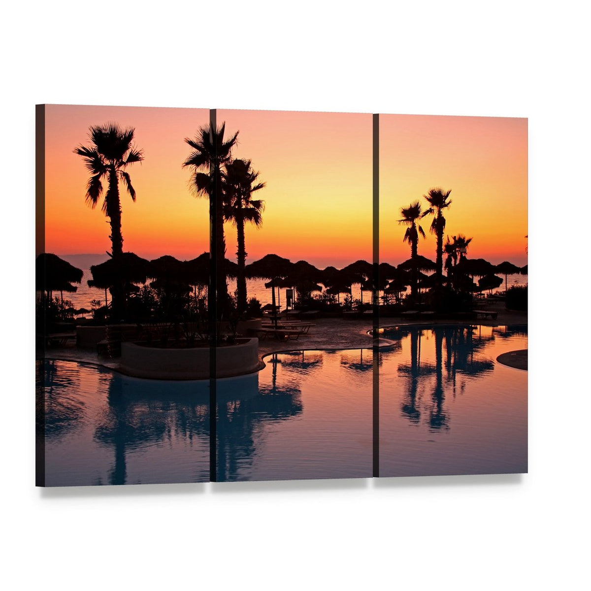 Tropical Resort Sunset Canvas Wall Art, 3 panel 3 Horizontal layout gallery wrapped canvas set, angled product view
