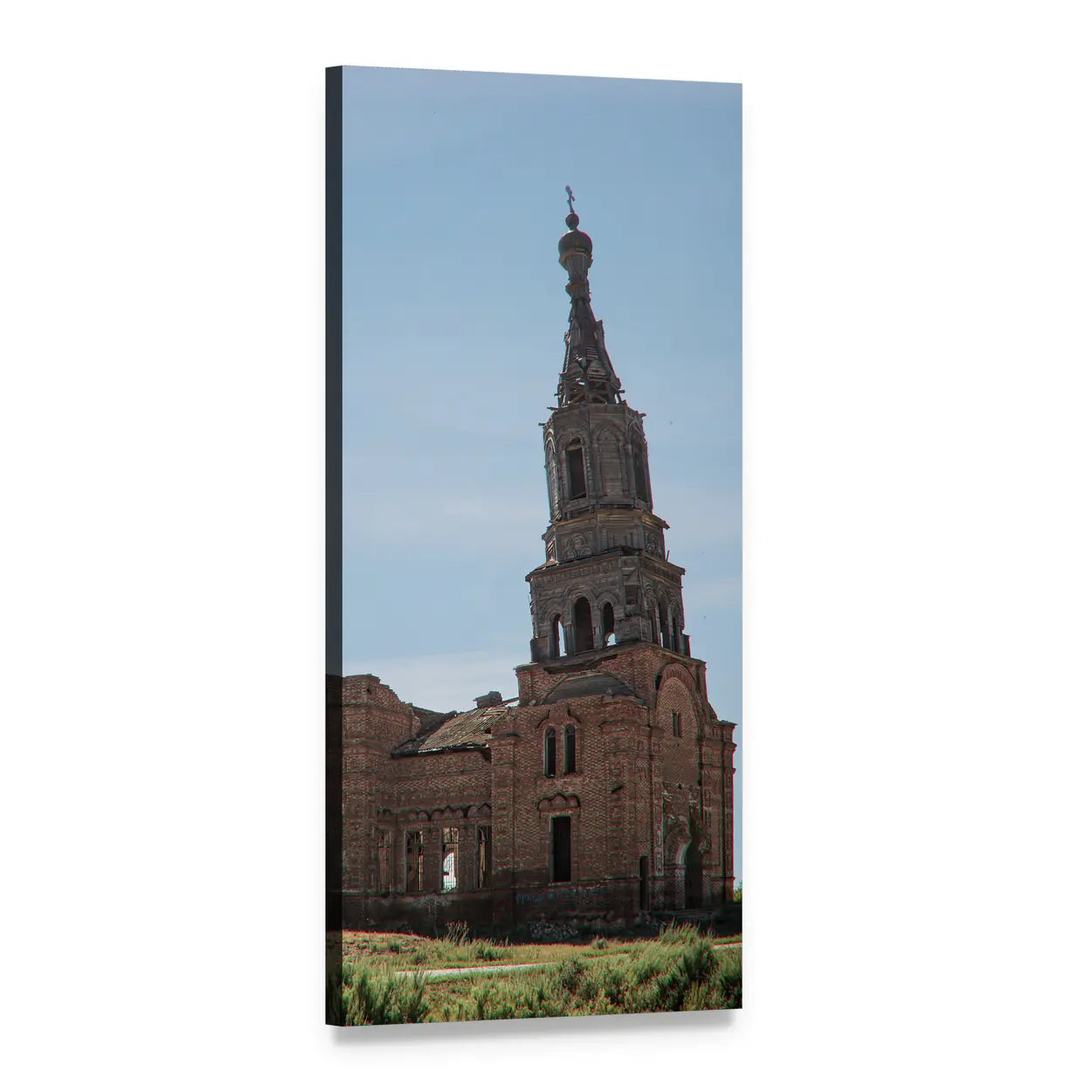 Ruined Brick Church Tower with Spire Vertical Canvas Wall Art, 1 panel 1 Vertical layout gallery wrapped canvas set, angled product view