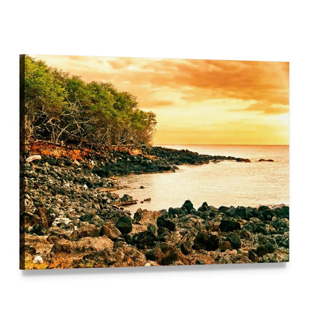 Sunset Over Volcanic Coastline Canvas Wall Art, single panel gallery wrapped canvas, angled product view