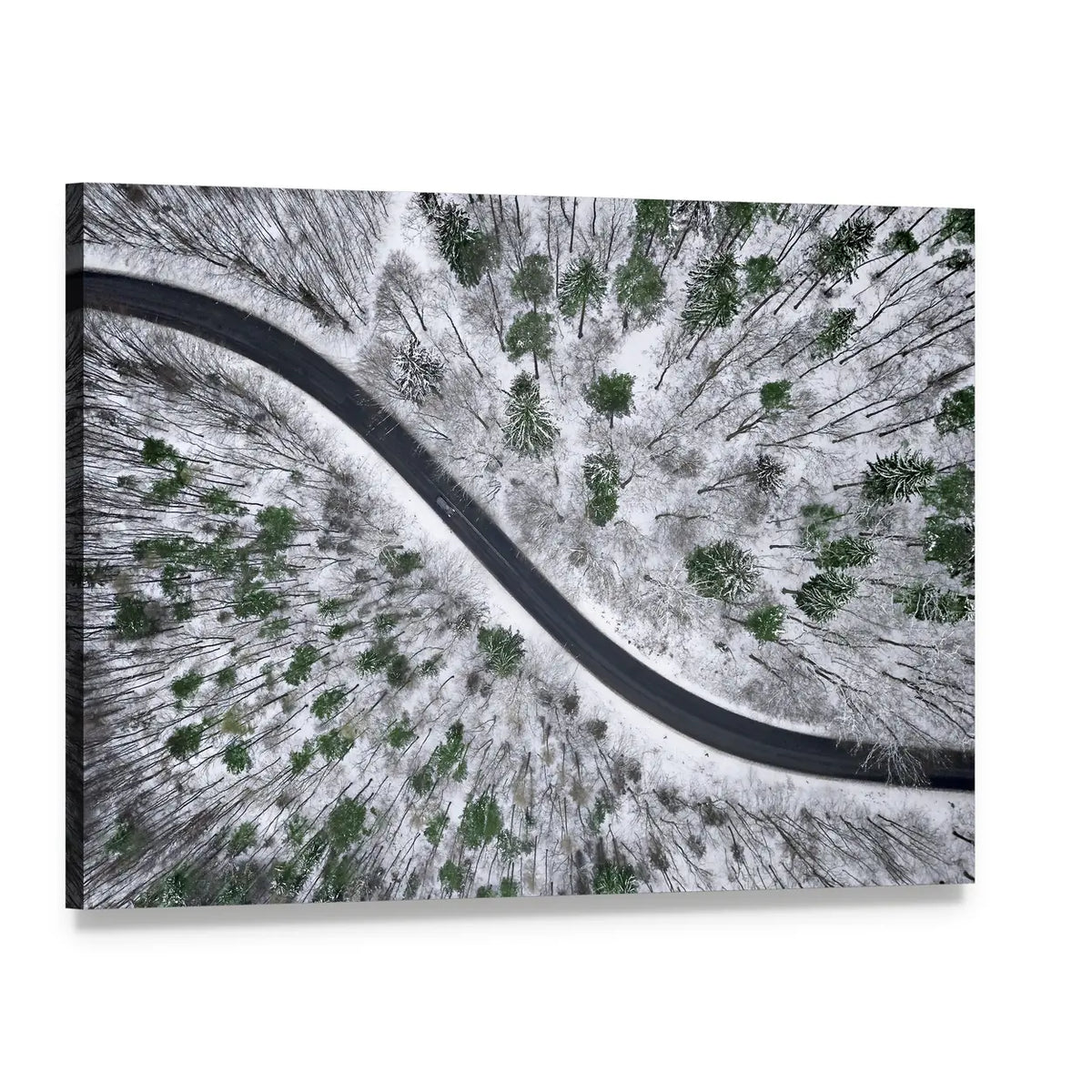 Winter Road In Snowy Forest Canvas Wall Art, single panel gallery wrapped canvas, angled product view
