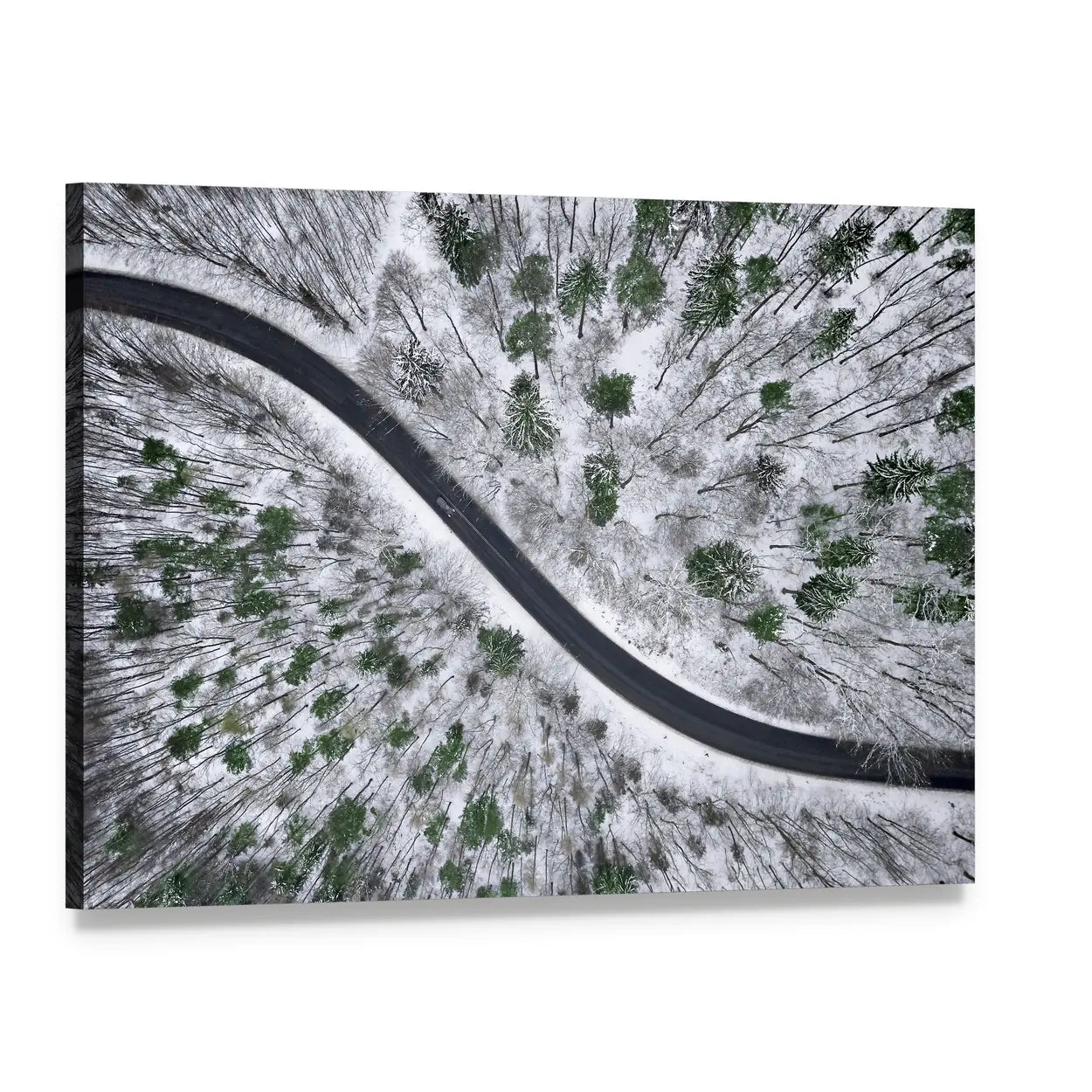 Winter Road In Snowy Forest Canvas Wall Art, single panel gallery wrapped canvas, angled product view