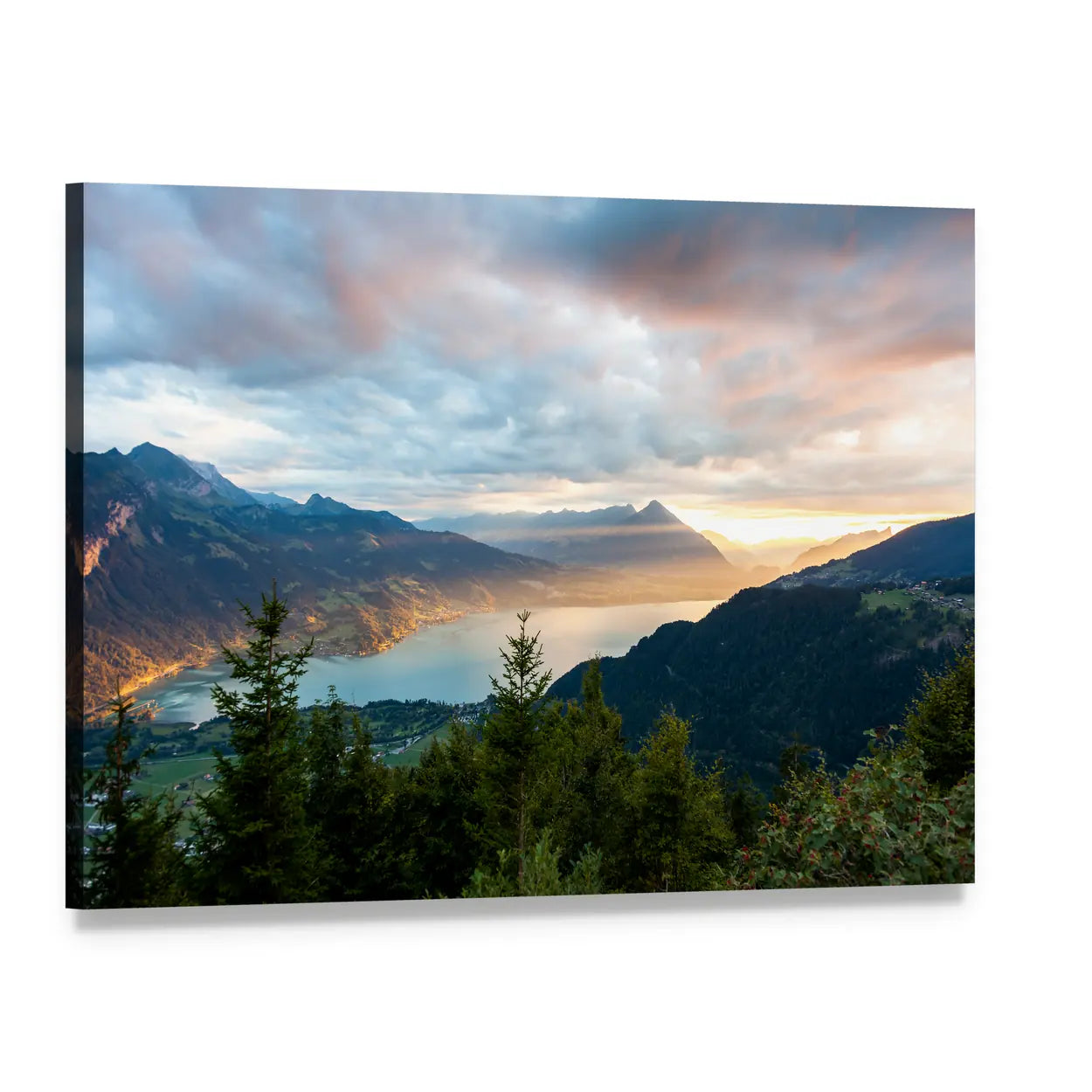 Sunset Over Thun Lake Canvas Wall Art, single panel gallery wrapped canvas, angled product view
