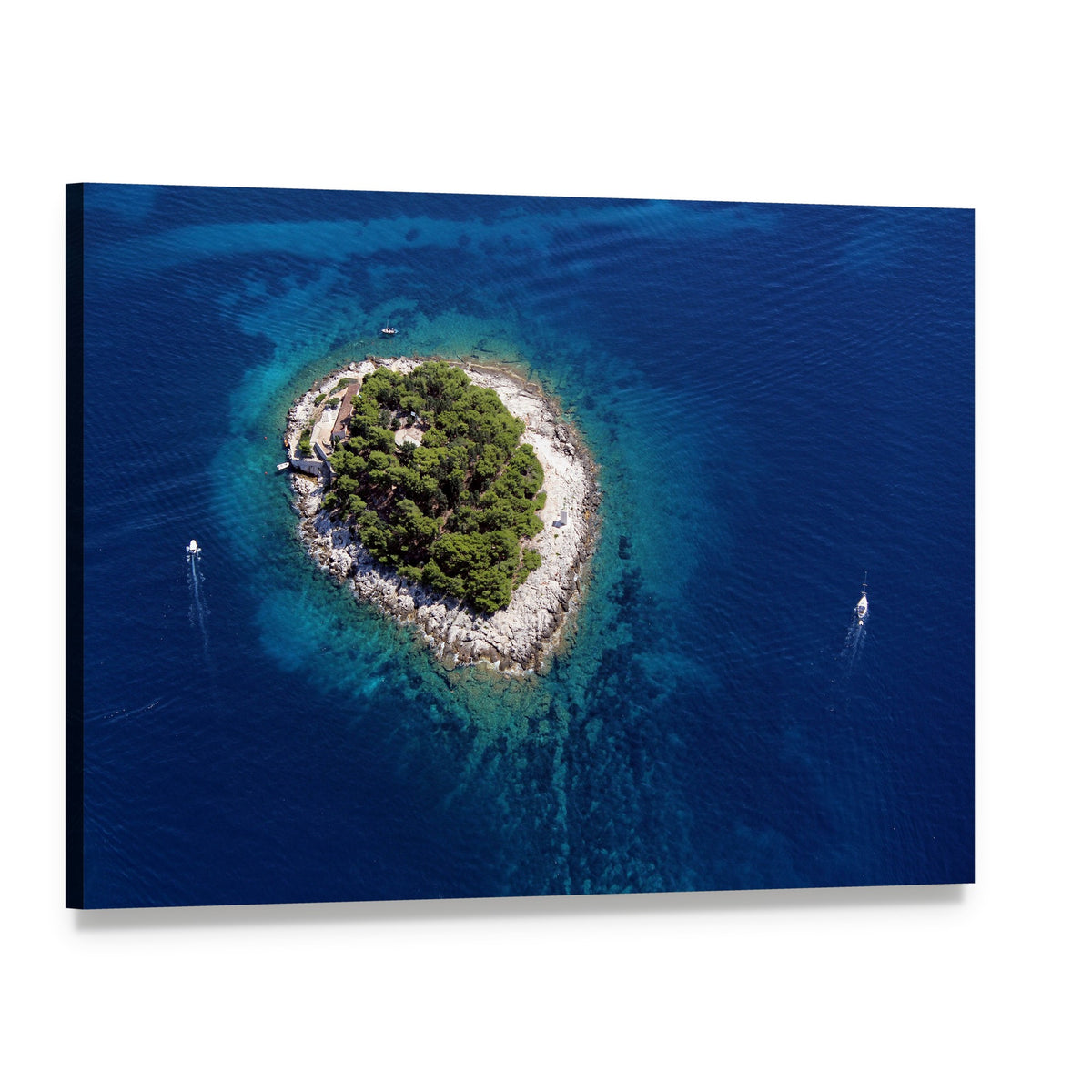 Aerial View of Tree-covered Island and Boats Canvas Wall Art, single panel gallery wrapped canvas, angled product view
