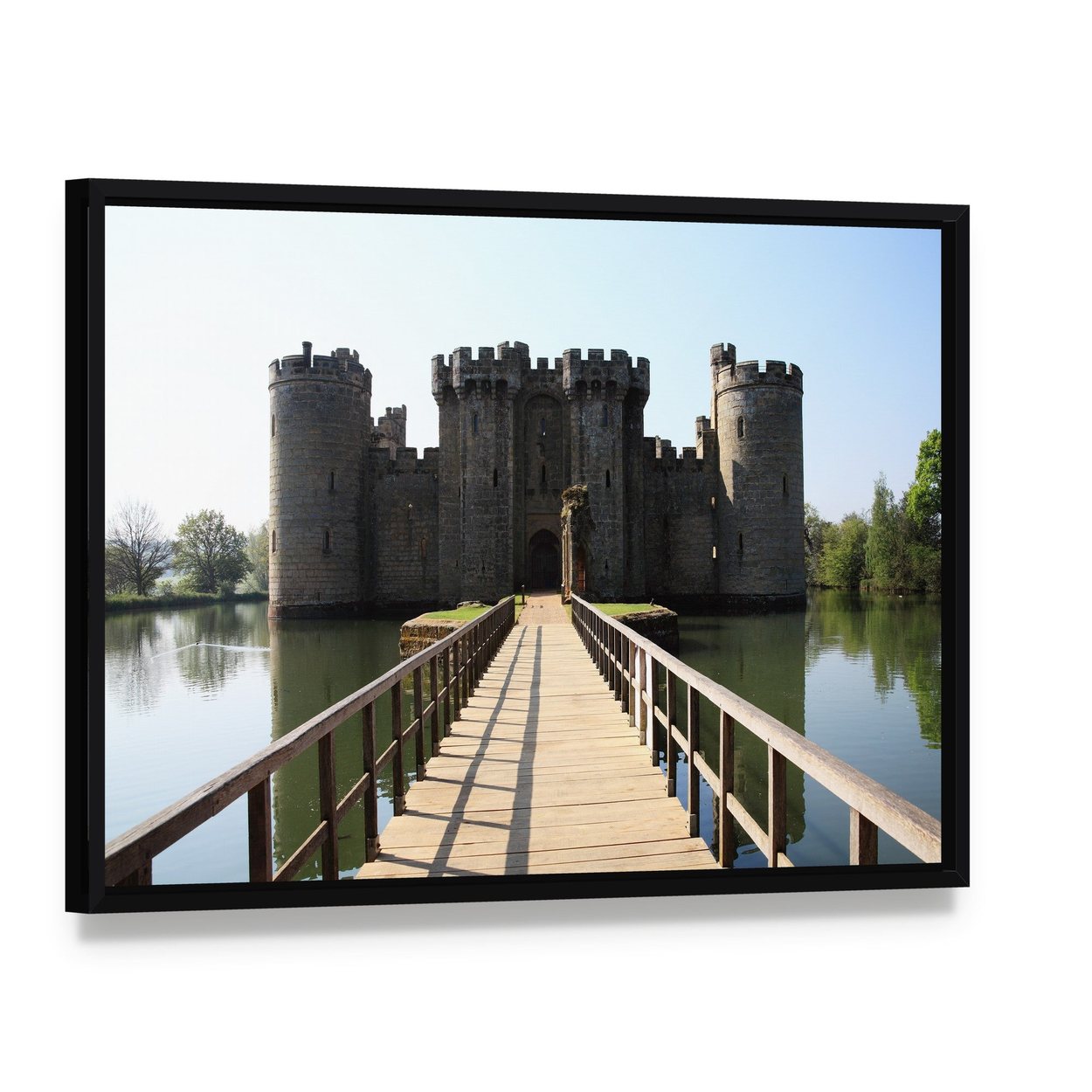 Bodiam Castle with Drawbridge and Moat Canvas Wall Art, framed canvas in a black floater frame, angled product view