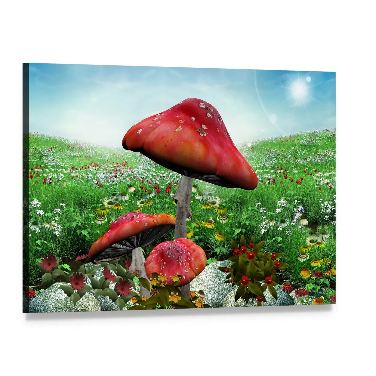 Giant Red Mushrooms in Flower Field Canvas Wall Art, single panel gallery wrapped canvas, angled product view