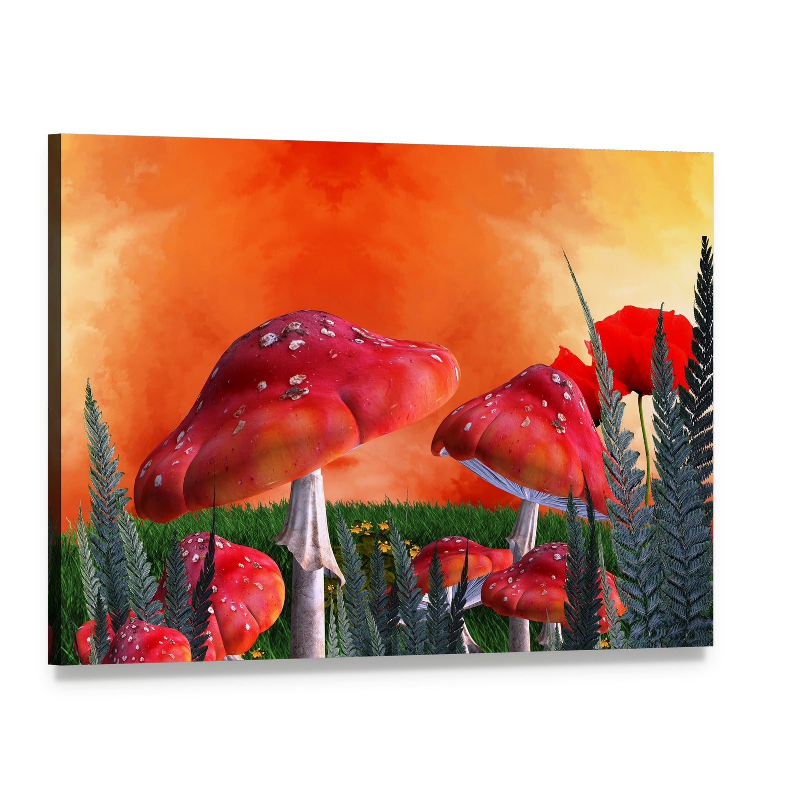 Enchanted Red Mushroom Forest Canvas Wall Art, single panel gallery wrapped canvas, angled product view