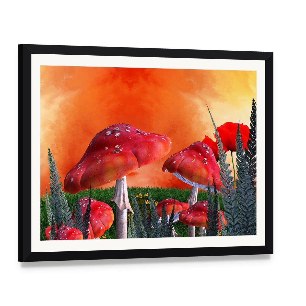 Enchanted Red Mushroom Forest Canvas Wall Art, framed print with white mat and black frame, angled product view
