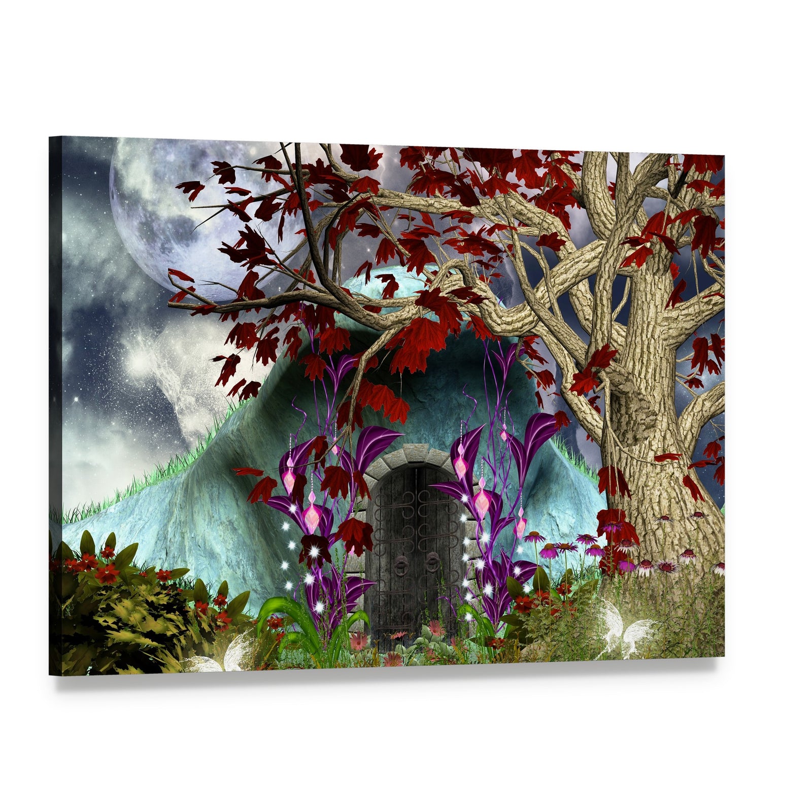 Secret Fairy Door in Moonlit Forest Canvas Wall Art, single panel gallery wrapped canvas, angled product view