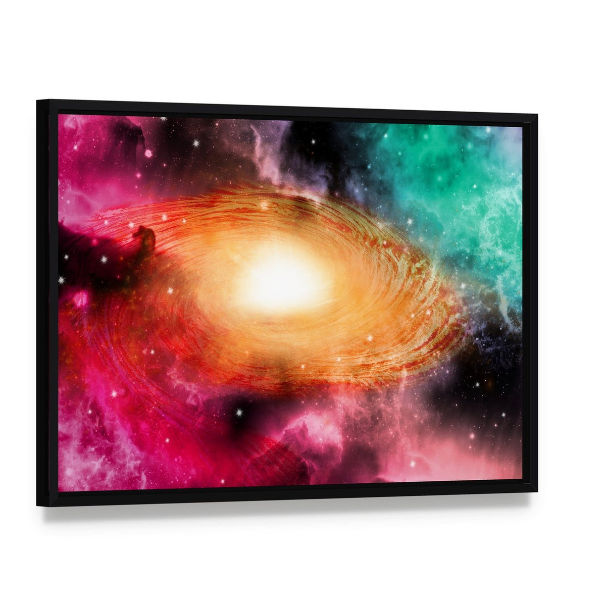 Beautiful Spiral Galaxy Canvas Wall Art, framed canvas in a black floater frame, angled product view