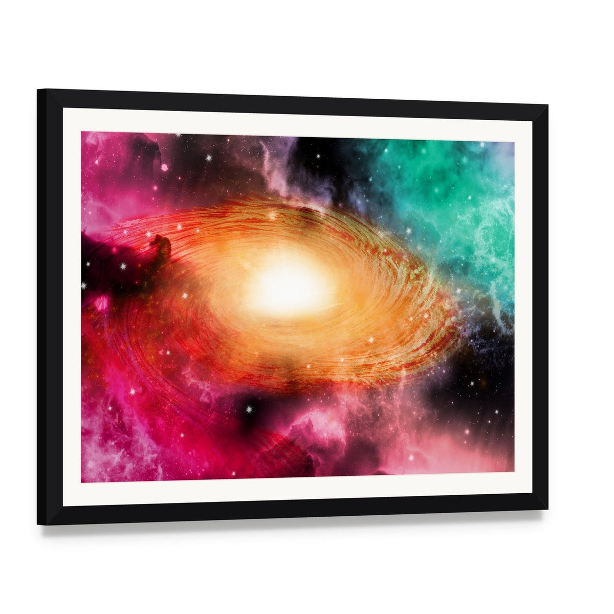 Beautiful Spiral Galaxy Canvas Wall Art, framed print with white mat and black frame, angled product view