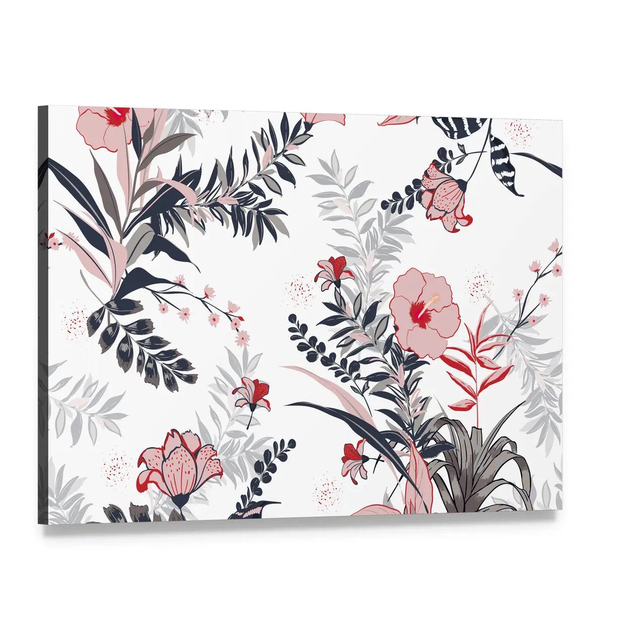Hibiscus and Tropical Leaves Pattern Canvas Wall Art, single panel gallery wrapped canvas, angled product view