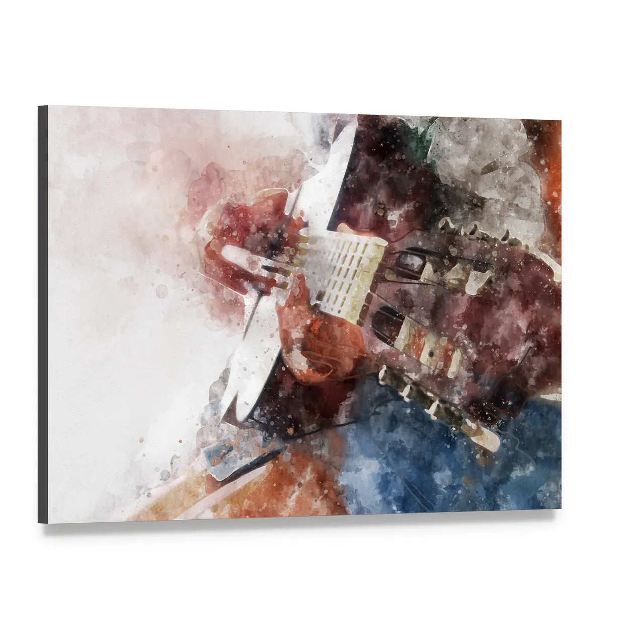 Watercolor Guitar Close-up Canvas Wall Art, single panel gallery wrapped canvas, angled product view