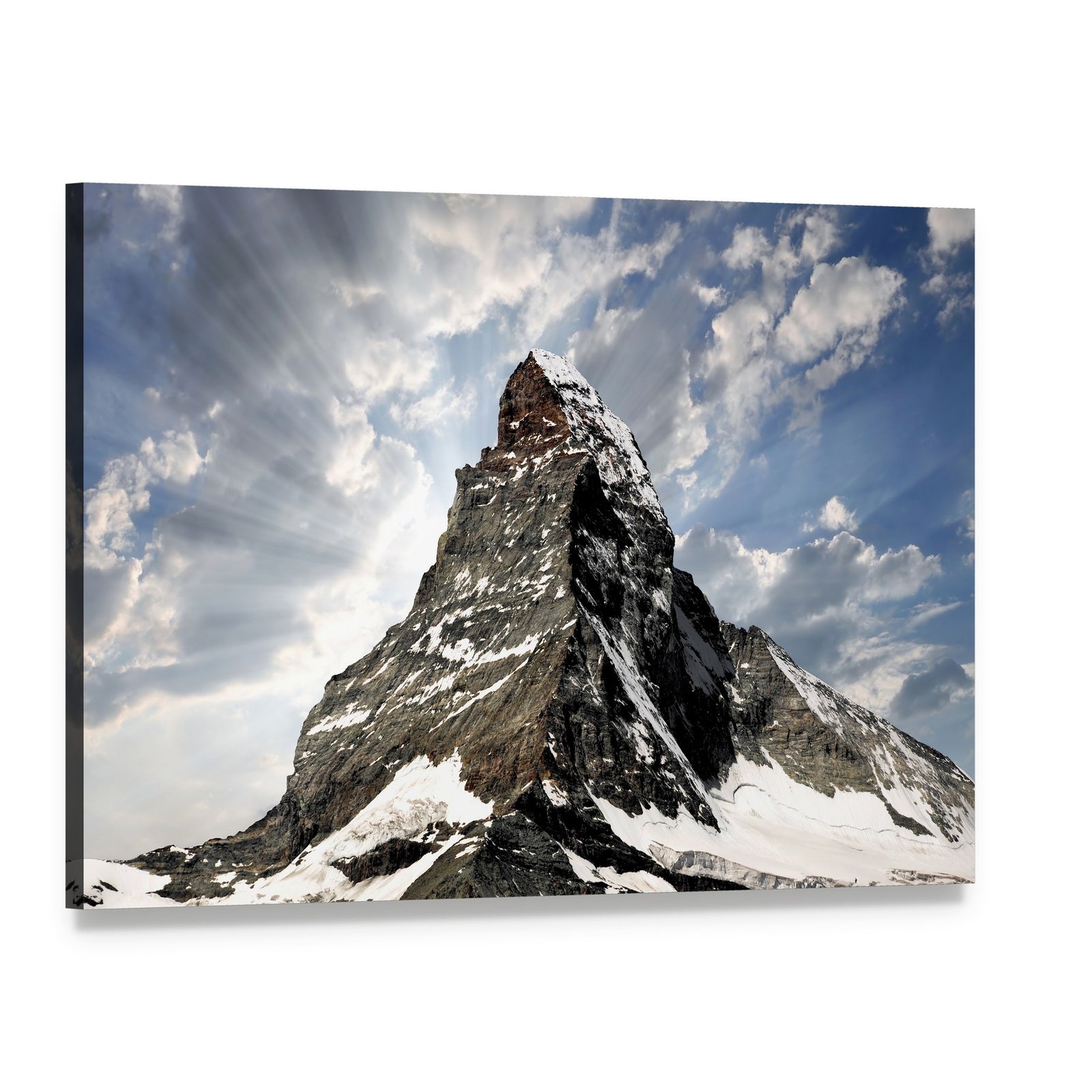 Matterhorn with Sun Rays Breaking Through Clouds Canvas Wall Art, single panel gallery wrapped canvas, angled product view