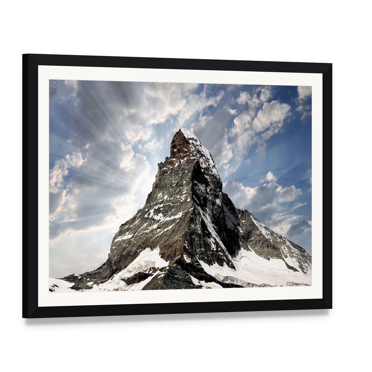 Matterhorn with Sun Rays Breaking Through Clouds Canvas Wall Art, framed print with white mat and black frame, angled product view