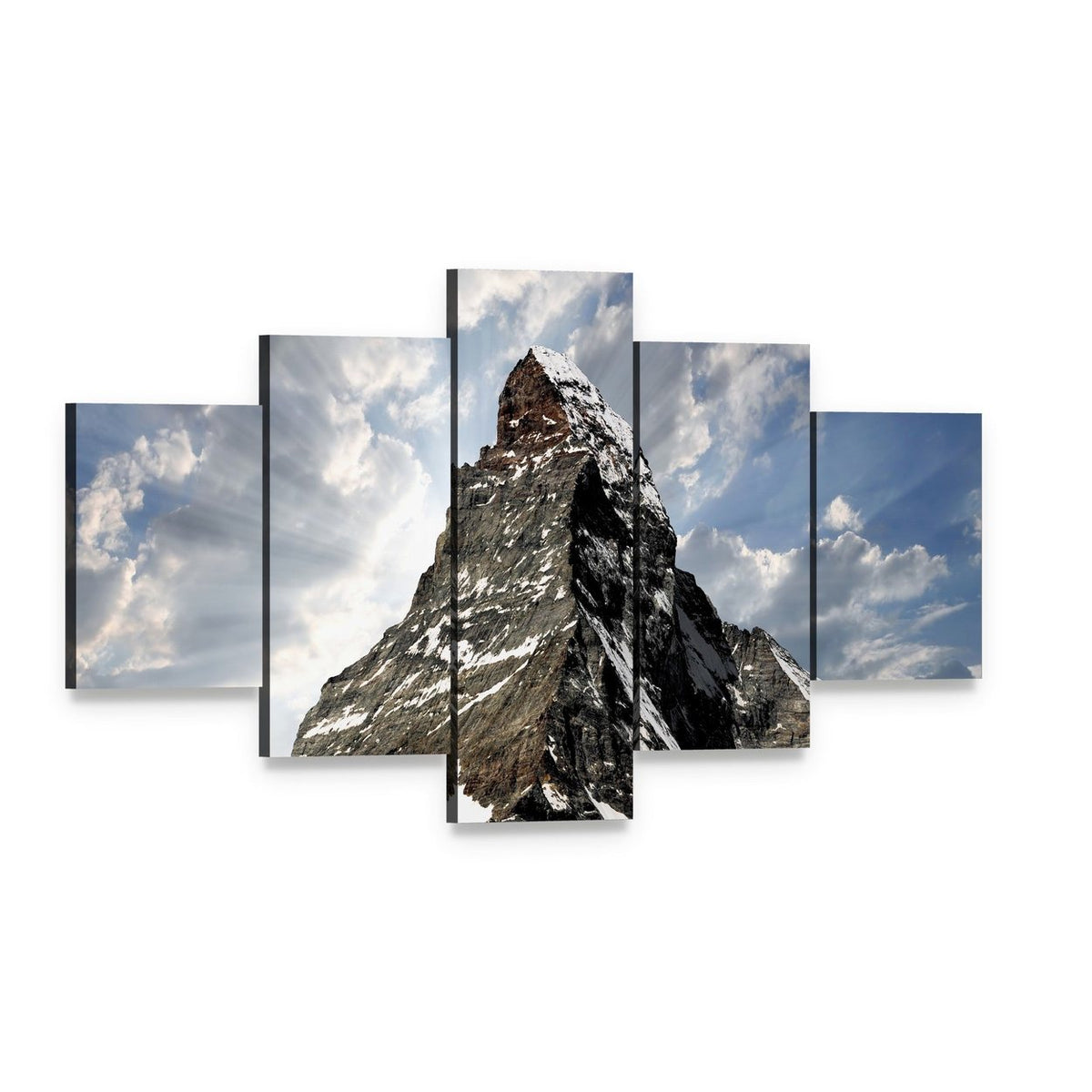 Matterhorn with Sun Rays Breaking Through Clouds Canvas Wall Art, 5 panel 5 Star layout gallery wrapped canvas set, angled product view