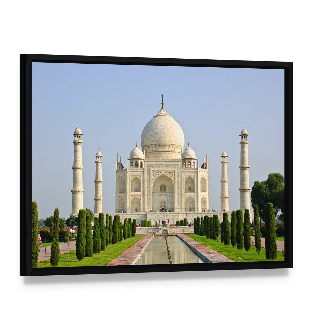 Taj Mahal Faces Green Lawn Canvas Wall Art, framed canvas in a black floater frame, angled product view