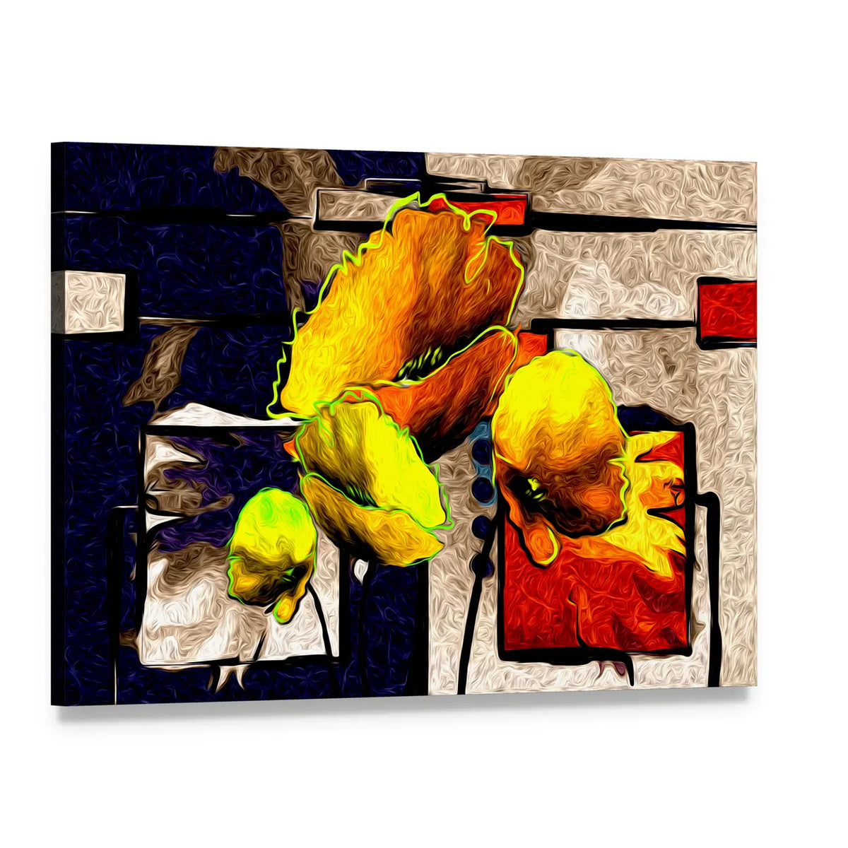 Yellow Poppy Abstract with Geometric Background Canvas Wall Art, single panel gallery wrapped canvas, angled product view